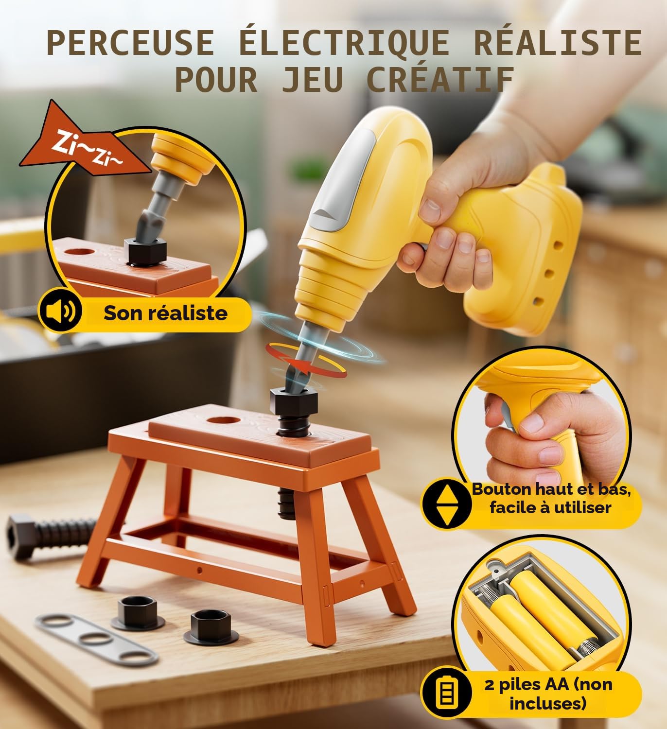 Lehoo Castle Boite Outils Enfant, Etabli avec Perceuse Électrique, Visseuse, Metre Ruban, Démonter et Assembler Voiture, Caisse a Outil Cadeau Montessori Jouets pour Enfant 3 Ans+