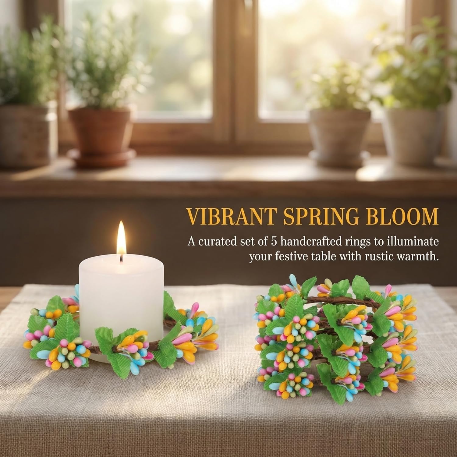 Totority 5Pcs Candle Wreaths, Artificial Silk Flower & Iron Mini Rings, Fade-Resistant Spring Greenery Decor for Pillars, Table Centerpiece, Window, Front Door