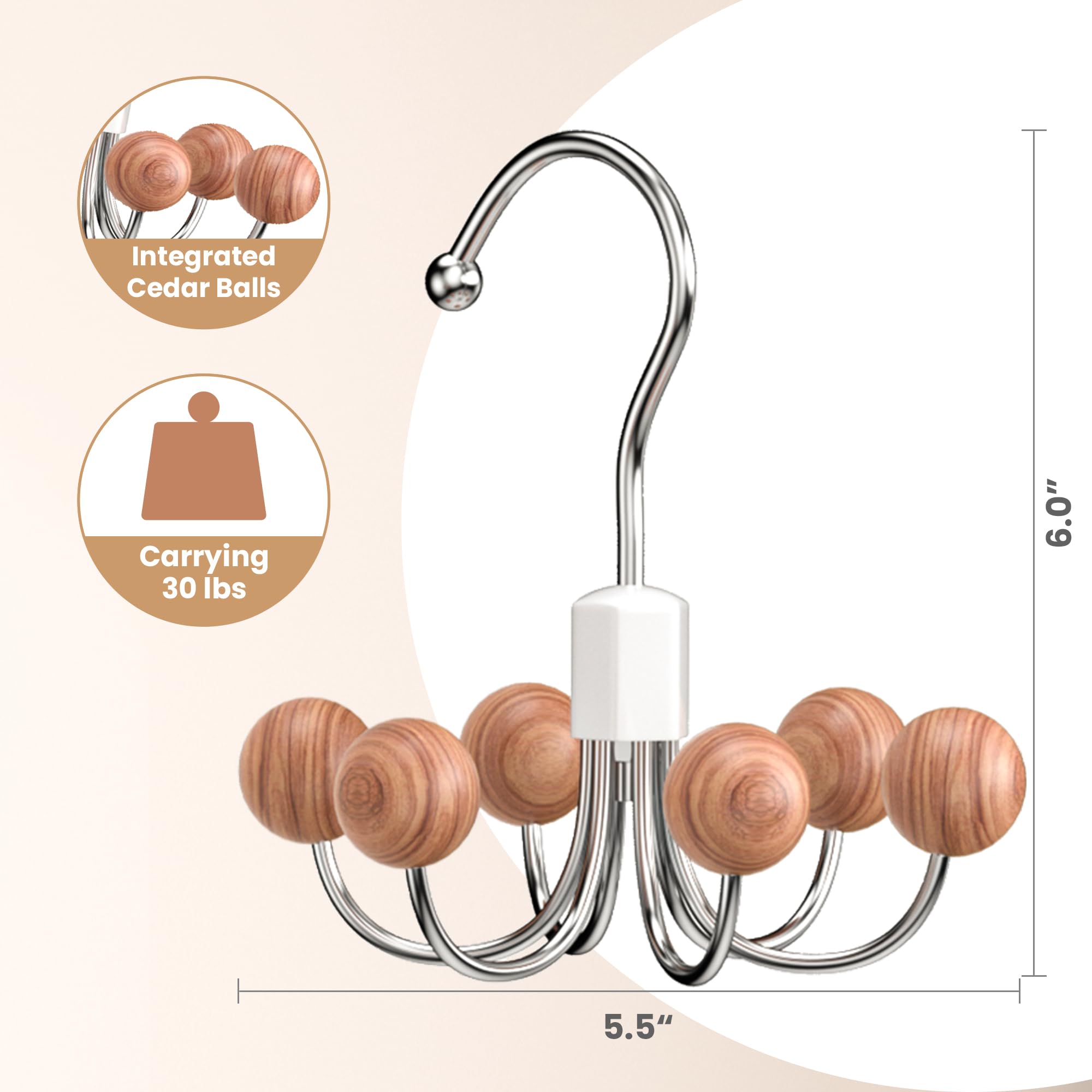 OHIYO Kleiderbügel, 360° drehbar, mit 6 Zedernkugeln, Schrank-Organizer für BHs, Schals, Gürtel, Geldbörse und Zubehör, 4 Stück
