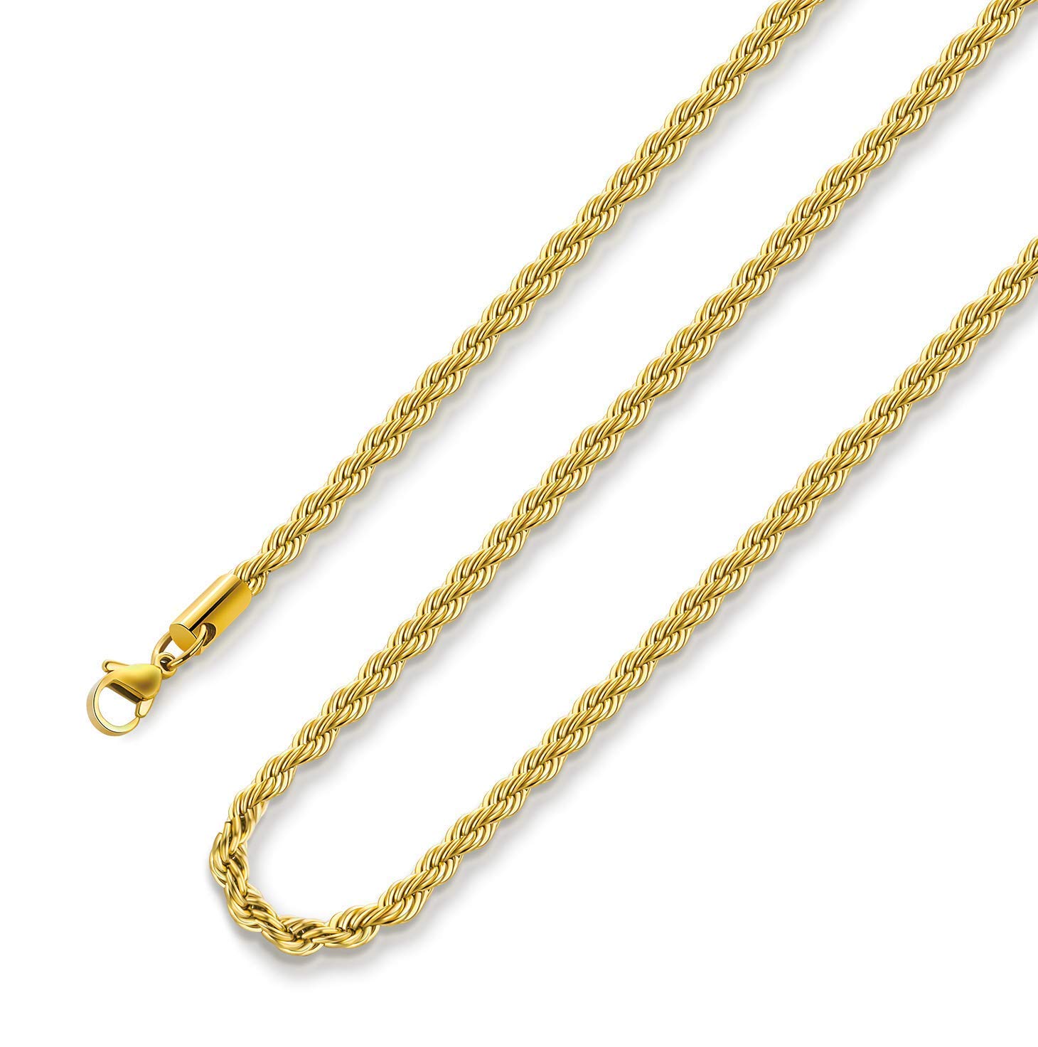 18K Real Gold Plated Rope Chain Necklace 3mm Stainless Steel Twist Chain Necklace for Men Women 24Inches
