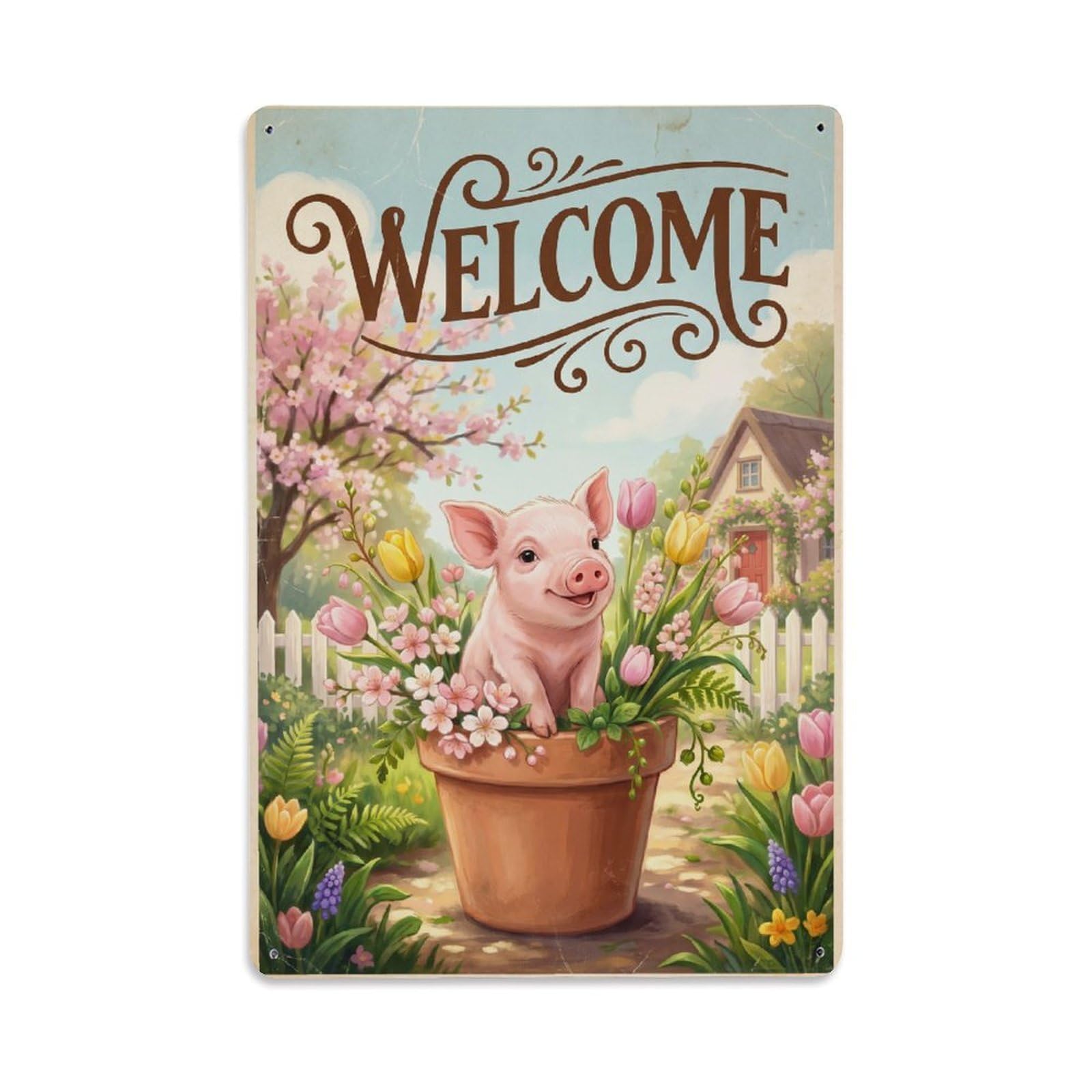 Cxhjca 8X12inch(20X30cm) [Vintage Welcome] Piglet Blooming Season Metal Tin Sign
