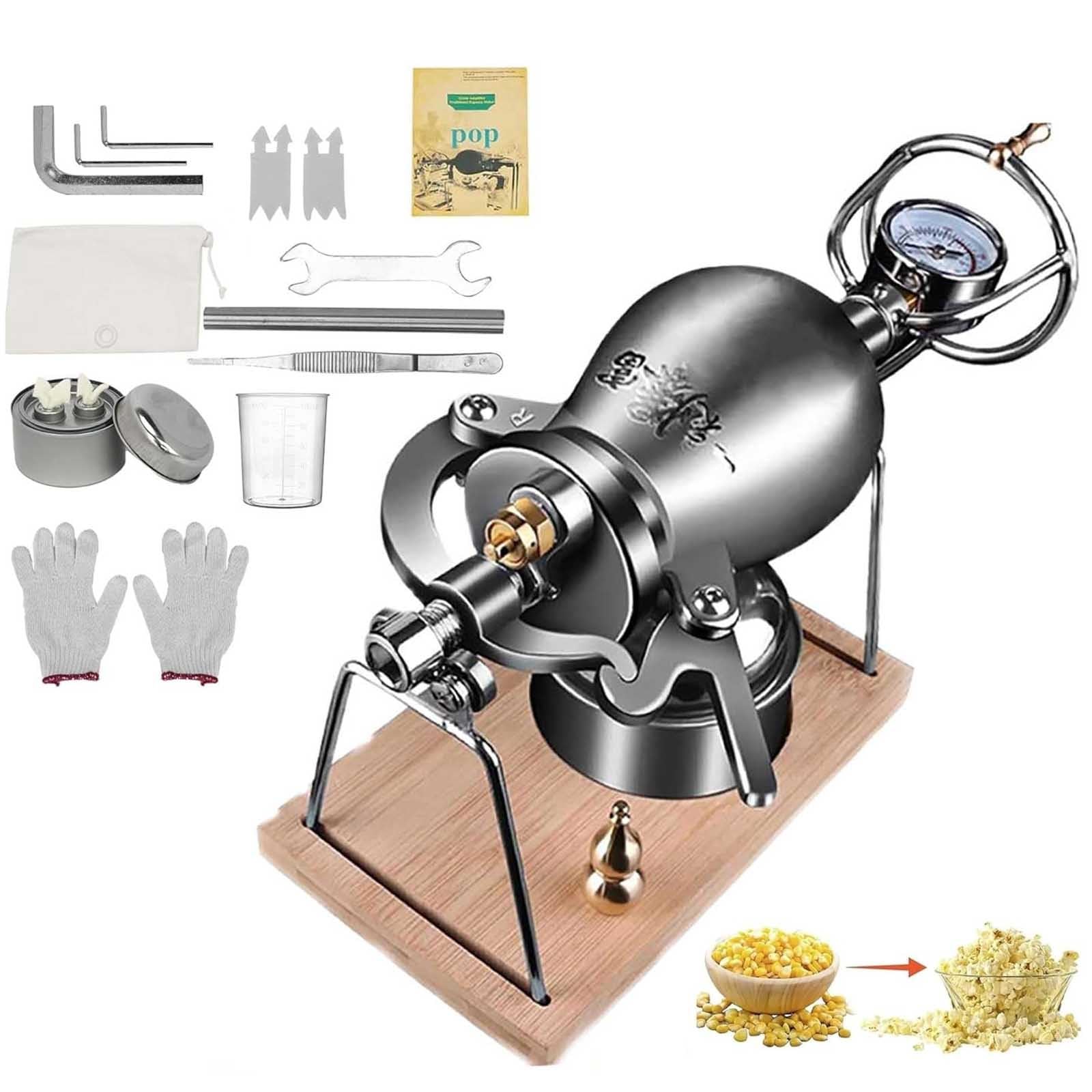 Palomitero China Acero Inoxidable, Retro Mini MáQuina De Hacer Palomitas MaíZ Alta PresióN Con Bolsa De AlgodóN, Manual De Doble VáLvula Para Reuniones Familiares Y Fiestas(Silver,400 ml)