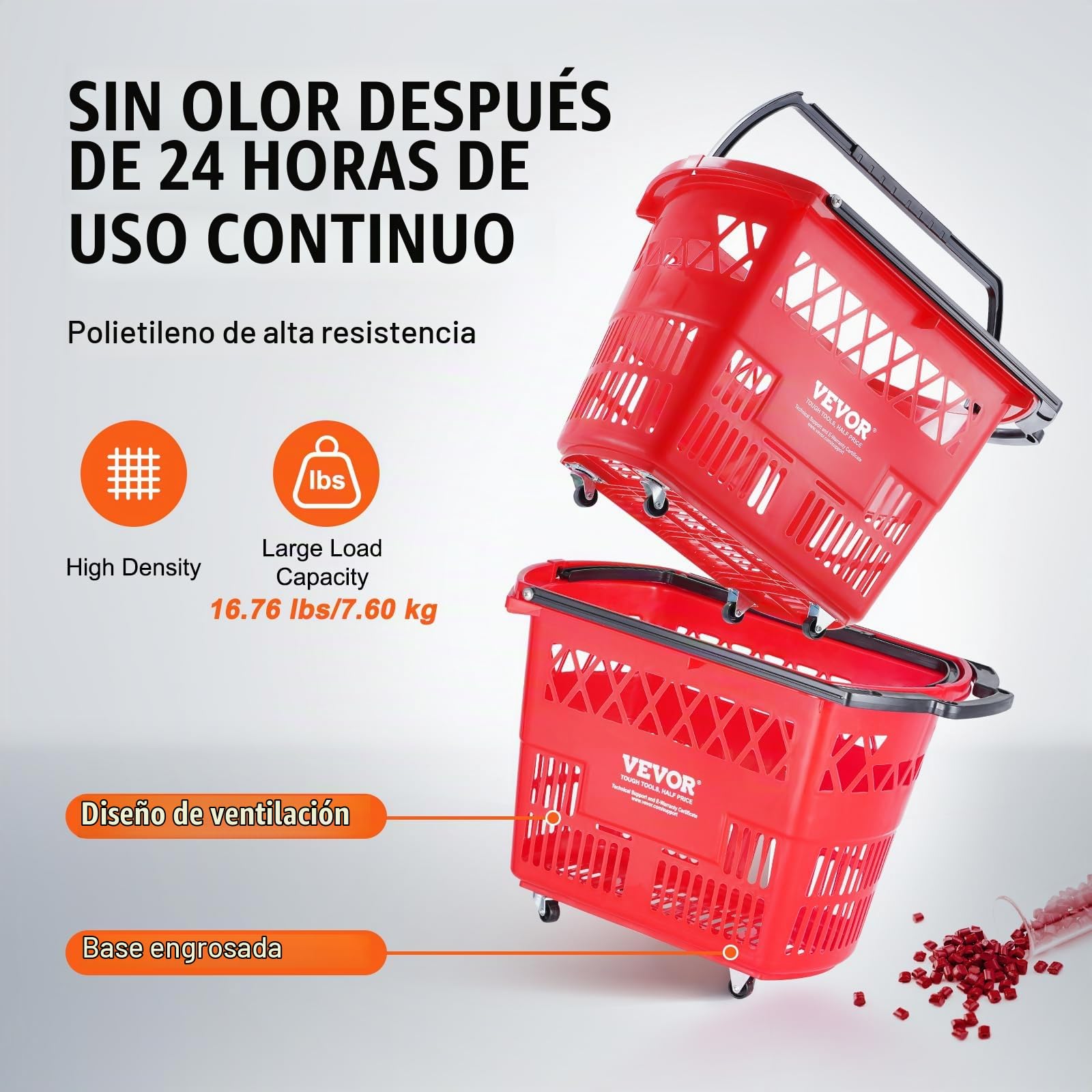 VEVOR Cesta Roja de la Compra, 6 Piezas, 39 L, Carros de la Compra con Asas y Ruedas de Plástico de 540 x 530 x 365 mm, Cesta de la Compra Portátil Grande para Supermercado, Tiendas Minoristas