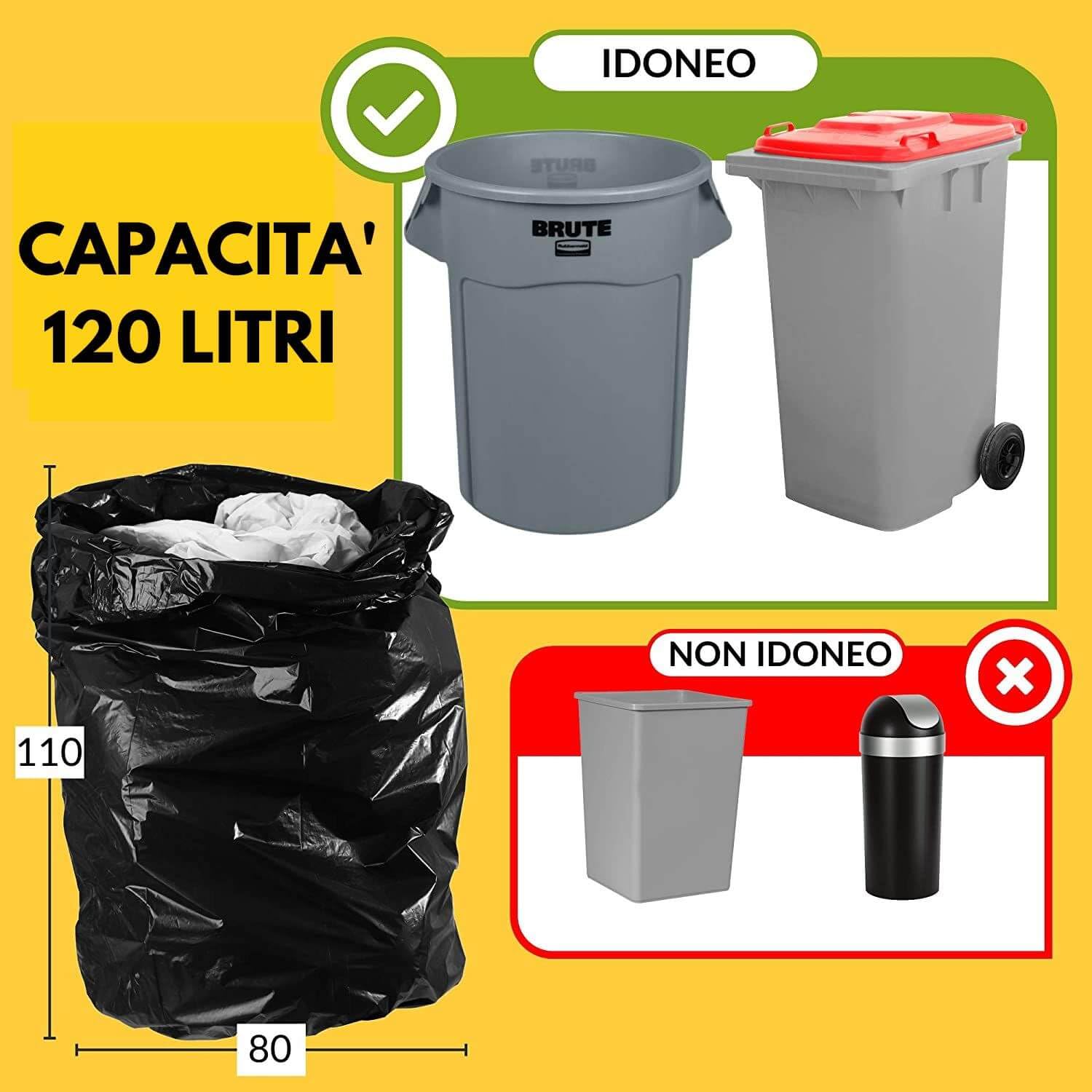 250 Sacchi Neri Nettezza Immondizia Pattume | 80x110cm | 85 gr. 120 Litri | 25 Rotoli da 10 Unità | Resistenti, Ecologici e Conformi alle Normative, Made in Italy