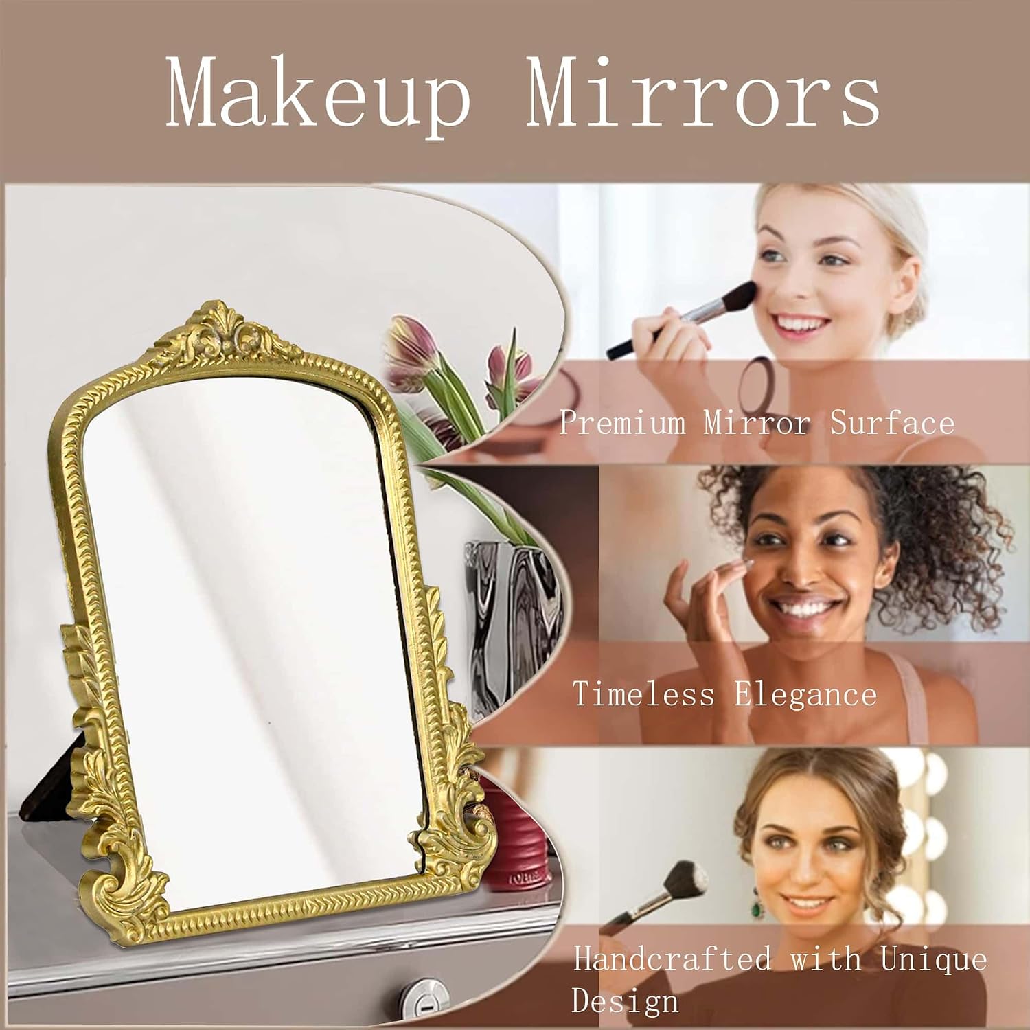 HSDDHOME Champagne Gold Vintage Vanity Mirror,Small Decorative Table Top Mirror,Baroque Arched Makeup Desk Mirror Wood Frame Free Standing,for Dresser,Bedroom,Living-Room Countertop 11.8" x 9.6"