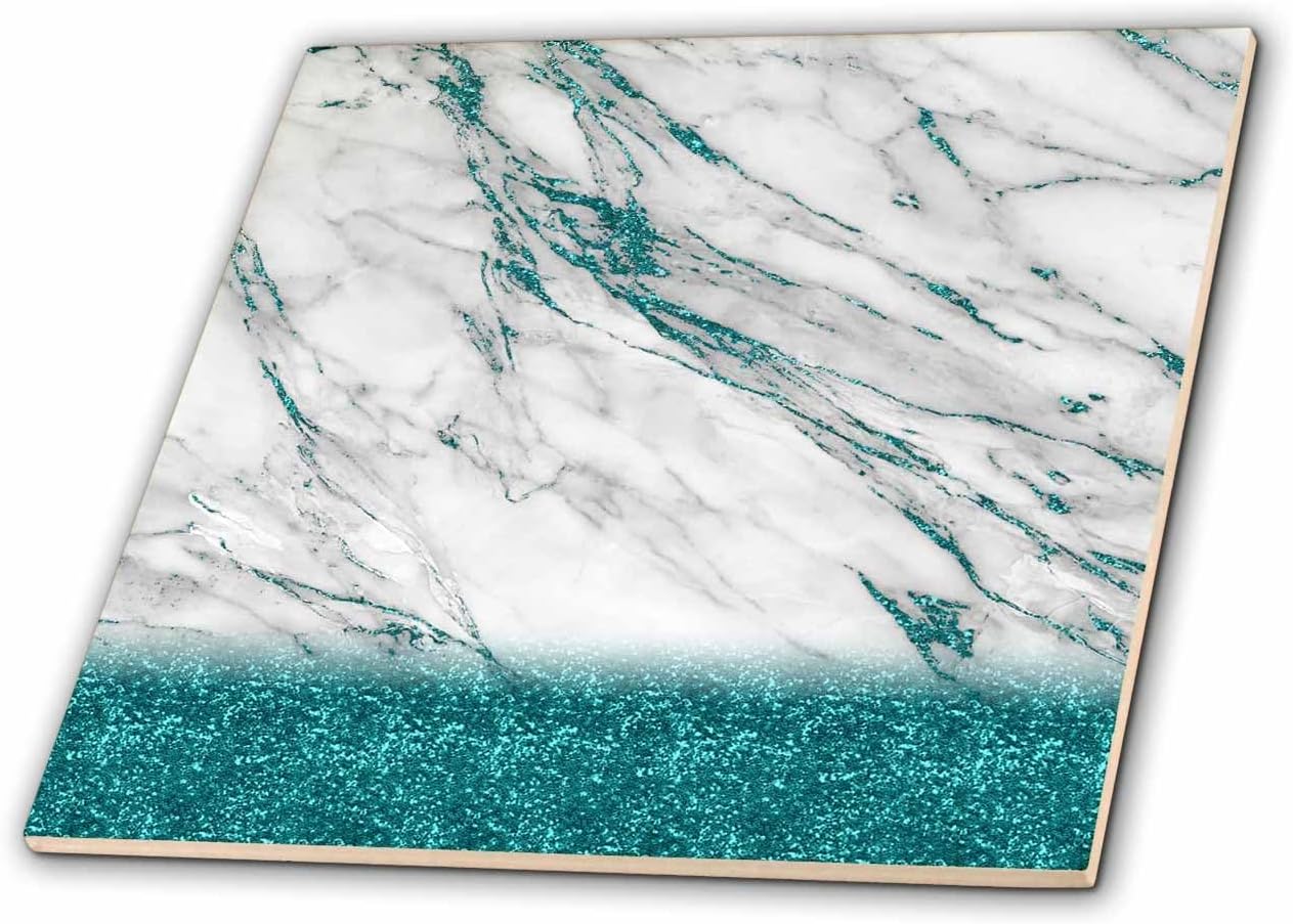 3dRose Luxury Grey Aqua Teal Gem Stone Marble Glitter Metallic Faux Print 6 Inch Ceramic Tile