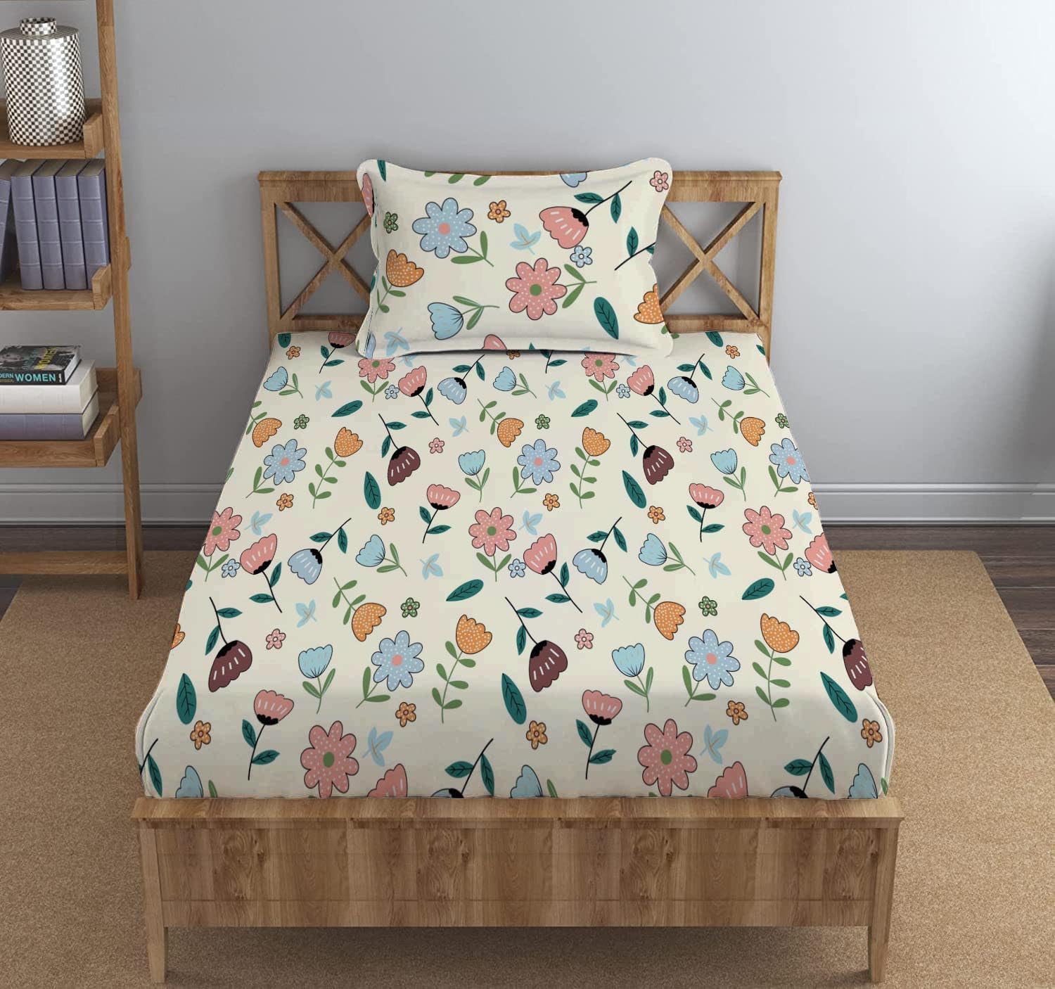 DECOMIZER Microfiber Soft Cotton Single Bed Bedsheet for Diwan Bed, Size 60 Inches X 90 Inches, 152 X 230 cm with 1 Large Size Pillow Covers Without Joint - Yellow Multi