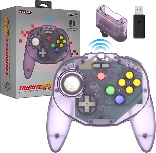 Retro-Bit Tribute 64 2.4 GHz Wireless Controller V2 for Nintendo 64 (N64), Switch Online, PC, MacOS, RetroPie, Raspberry Pi and Other USB Devices (Atomic Purple)