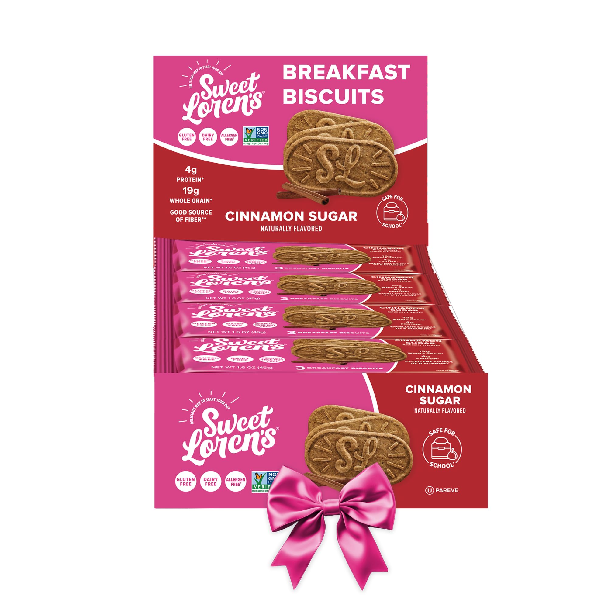Sweet Loren's Vegan Breakfast Biscuits | Cinnamon Sugar | 4g Protein, 19g Whole Grains | Plant Based, Gluten Free, Dairy Free, Nut Free Snacks | Grab & Go 8 Pack (24 Total Biscuits, 1.6 ounce each)