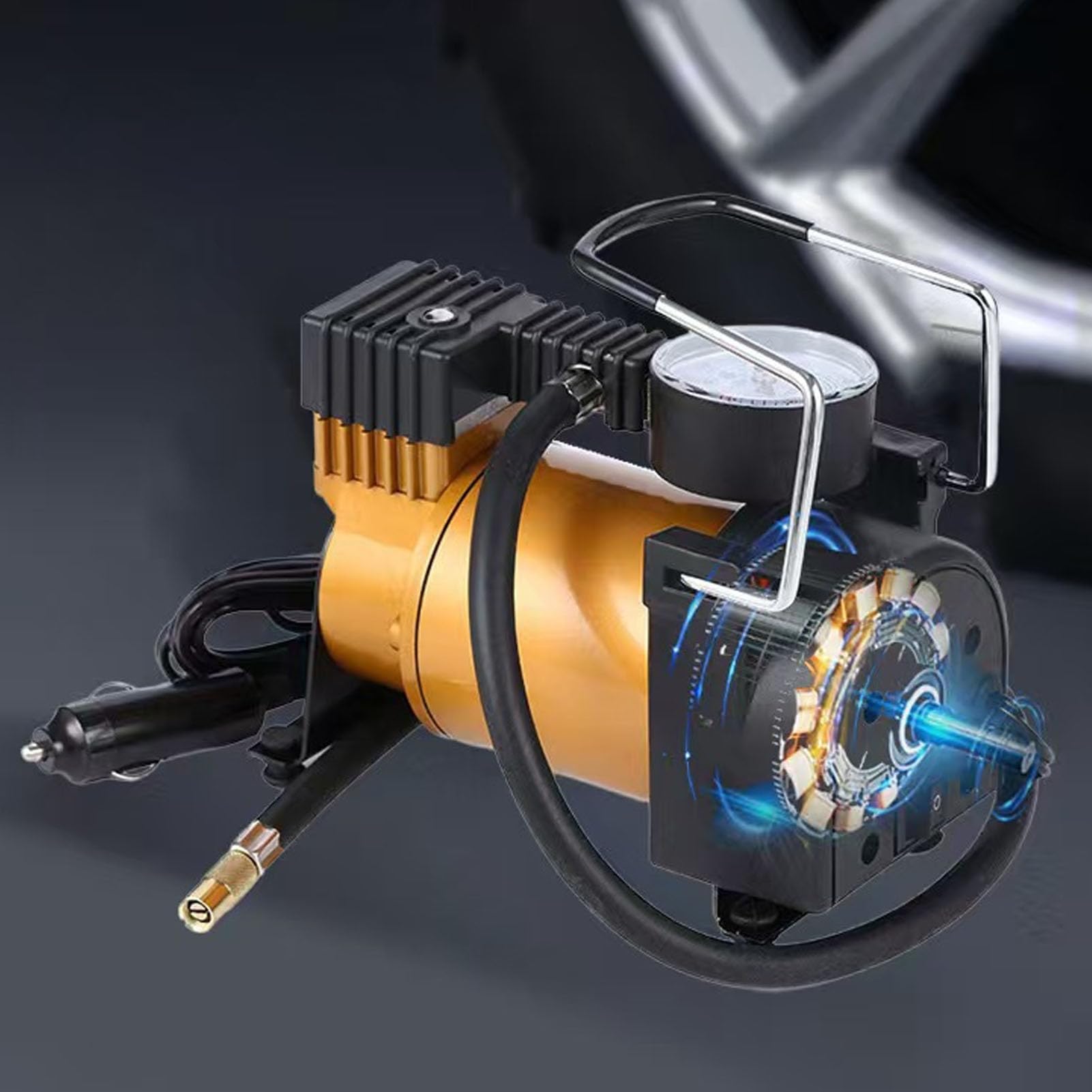 Pompka do Opon Przenośna Sprężarka Powietrza, 150 PSI 12 V Pompka Samochodowa z Analogowym Manometrem do Opon Samochodowych Motocykl Rowery Piłki Sportowe Nadmuchiwane Zabawki (Styl rotora)