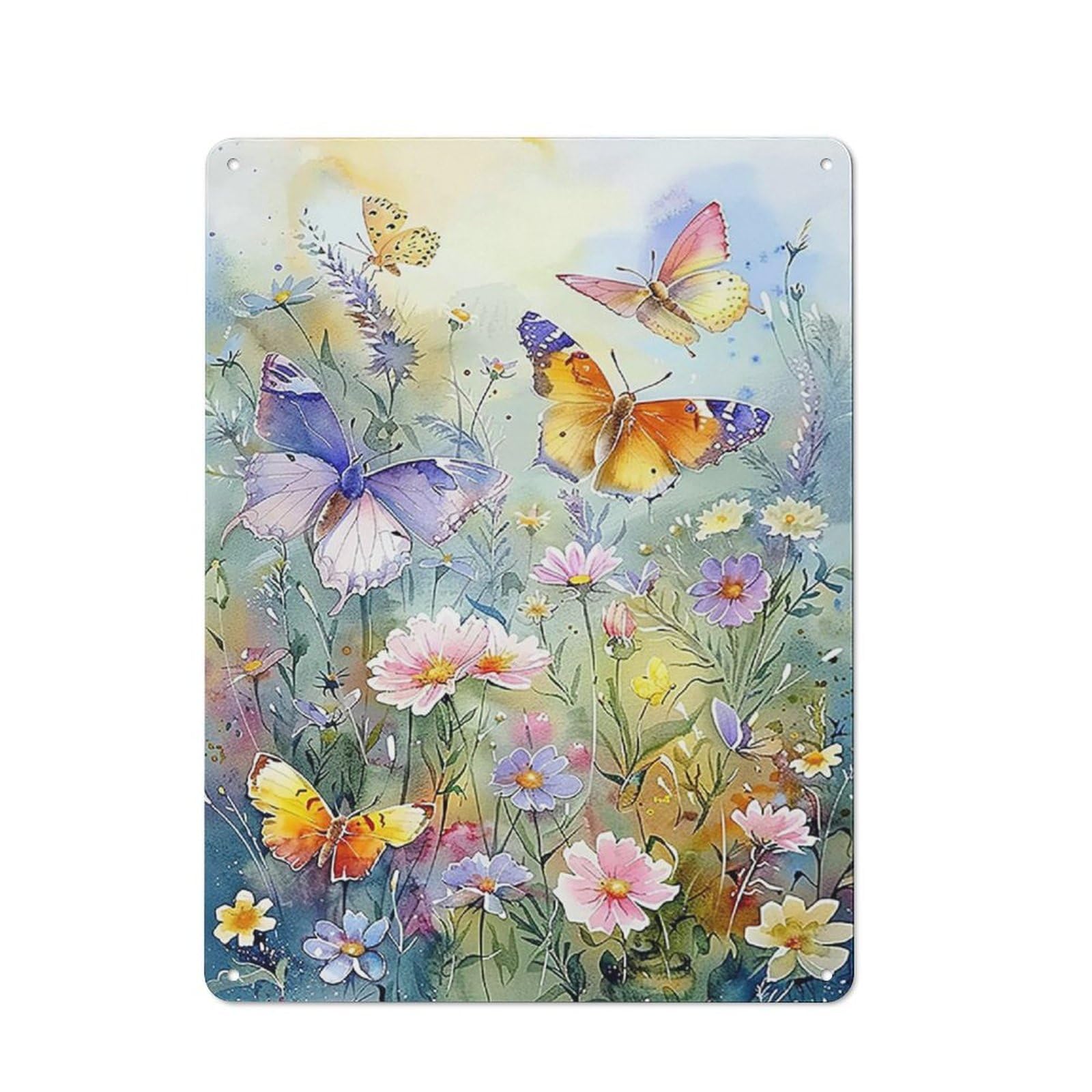 Rustic Metal Tin Sign, Colorful Butterfly Wildflower Watercolor Art, Living Room Fresh Home Decor 12x8 Inch