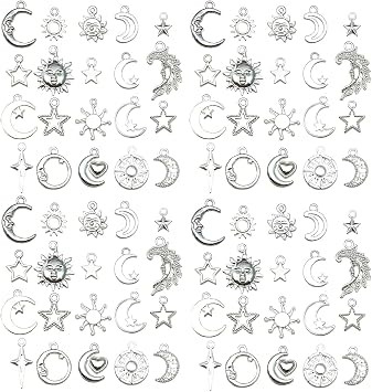 Youdiyla 100pcs Mix Color Craft Supplies Sun Moon Stars Charms Pendants for Crafting, Jewelry Findings Making Accessory for DIY Necklace Bracelet Bright Silver SN837