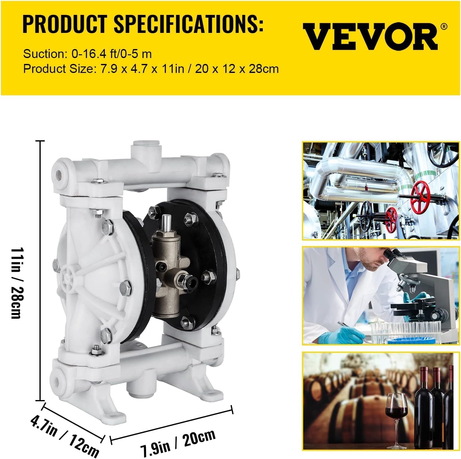 VEVOR Air-Operated Double Diaphragm Pump, 1/2 in Inlet & Outlet, Polypropylene Body, 2.5 GPM & Max 80PSI, PTFE Diaphragm Pneumatic Transfer Pump for Petroleum, Diesel, Oil & Low Viscosity Fluids