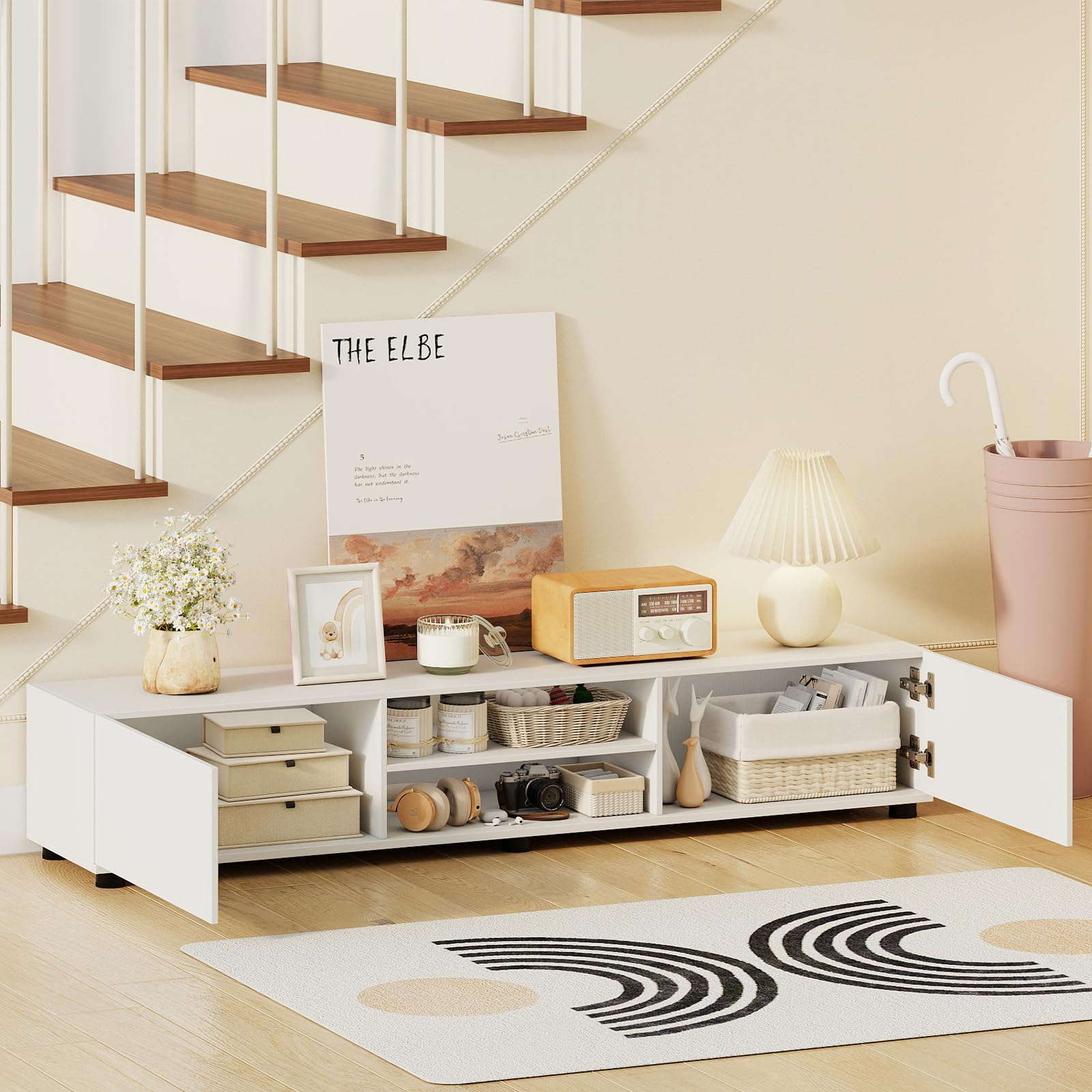 COSTWAY Mueble para TV de hasta 70 Pulgadas, 160x35x30 cm (Blanco) | Mesa de TV con Estantes Abiertos, Compartimentos, Puertas y 6 Patas de Apoyo,Centros Multimedia, Mueble Television para Salón