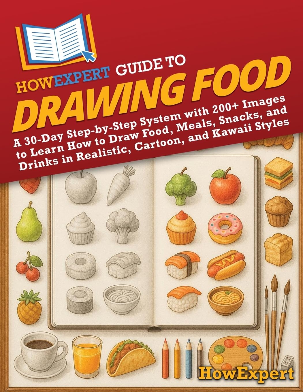 HowExpert Guide to Drawing Food: A 30-Day Step-by-Step System with 200+ Images to Learn How to Draw Food, Meals, Snacks, and Drinks in Realistic, Cartoon, and Kawaii Styles      Paperback – September 23, 2025