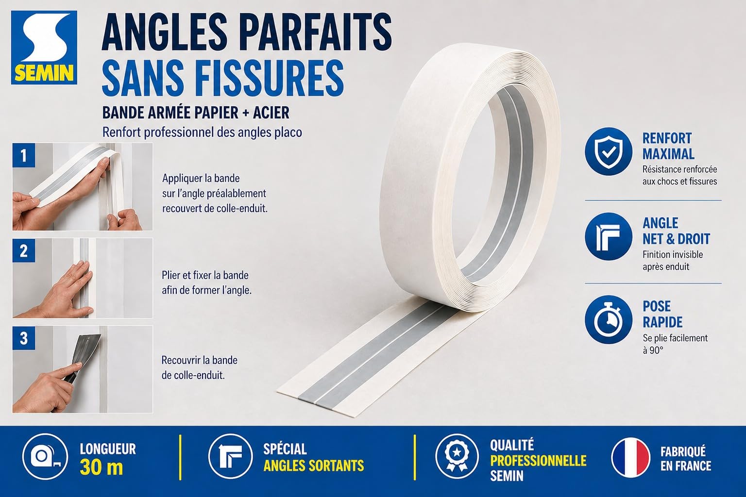 Semin Bande Armée Angle Placo 30 m – Renfort Angles Sortants Plaques de Plâtre – Papier & Acier – Finition Invisible – Bande à Joint Professionnelle