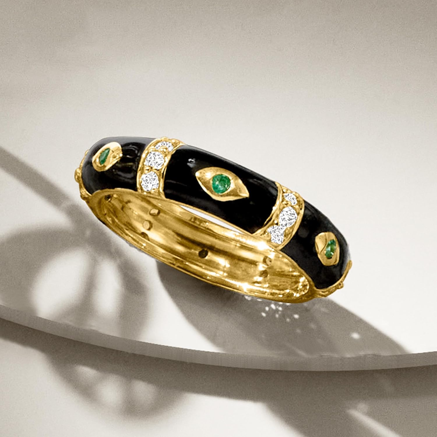 Ross-Simons 0.30 ct. t.w. White Topaz Evil Eye Ring With Black Enamel and Emeralds in 18kt Gold Over Sterling