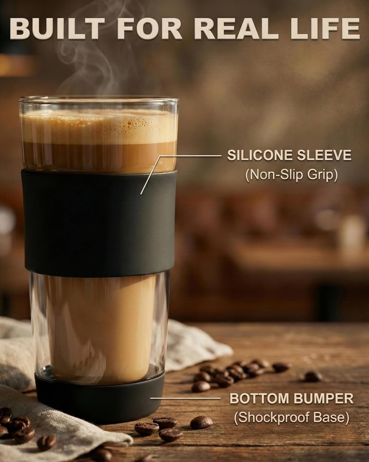 14oz Double Walled Glass Coffee Tumbler with Full Glass Lid & Silicone Sleeve - Non-Slip Insulated Travel Mug with Protective Bottom Bumper - 100% Plastic-Free - Image 3