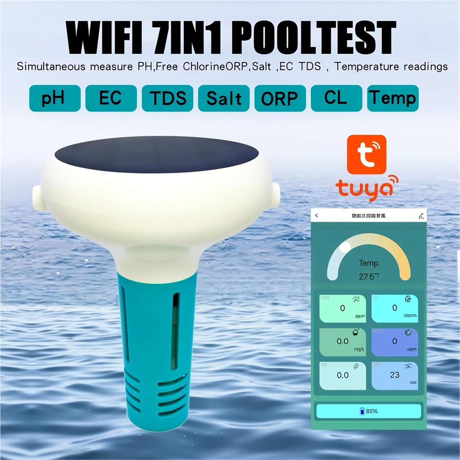 Tester intelligente per l'acqua della piscina, monitor wireless Bluetooth e WiFi per pH, cloro, sale, temperatura, analisi in tempo reale, alimentazione solare, sensore di qualità dell'acqua