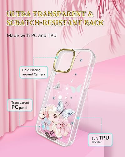 Miniatura 3 de JAHOLAN Funda transparente para iPhone 15 Pro Max, diseño de flores de mariposa, protección a prueba de golpes, delgada, de poliuretano