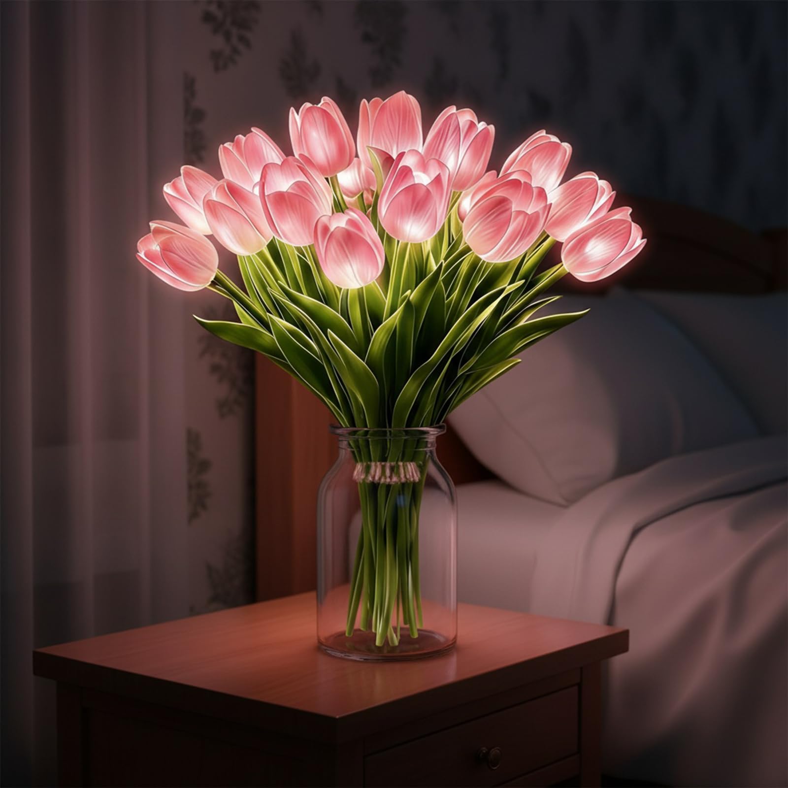 GETBSTOOP Radiant Romantic Tulip Light, 15 Pcs Twinkling Tree Tulips Led Lights that Never Fade, Flower Shaped Ambient Night Light, Artificial Bouquet Bedside Lamp for Bedroom & Home Decor
