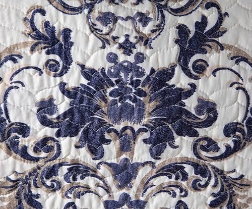 Miniatura 4 de Chezmoi Collection Chloris - Juego de edredón de 3 piezas con estampado de medallones florales, colcha de microfibra prelavada, color azul marino,