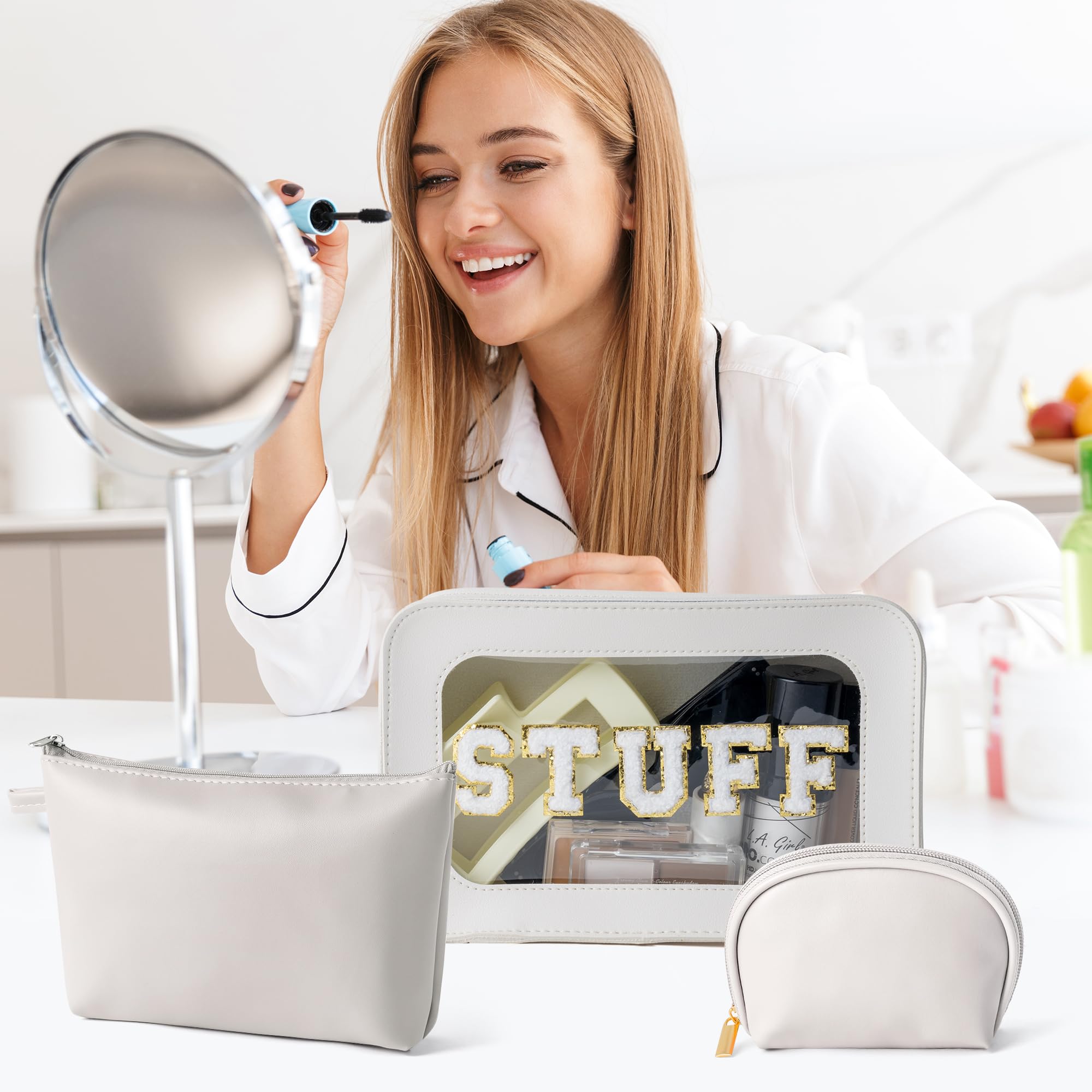 Y1tvei 3Pcs Travel Clear Makeup Bag with Makeup Brush Bag, Leather Makeup Case Toiletry Bag, Portable Cosmetic Bag Case - Image 4