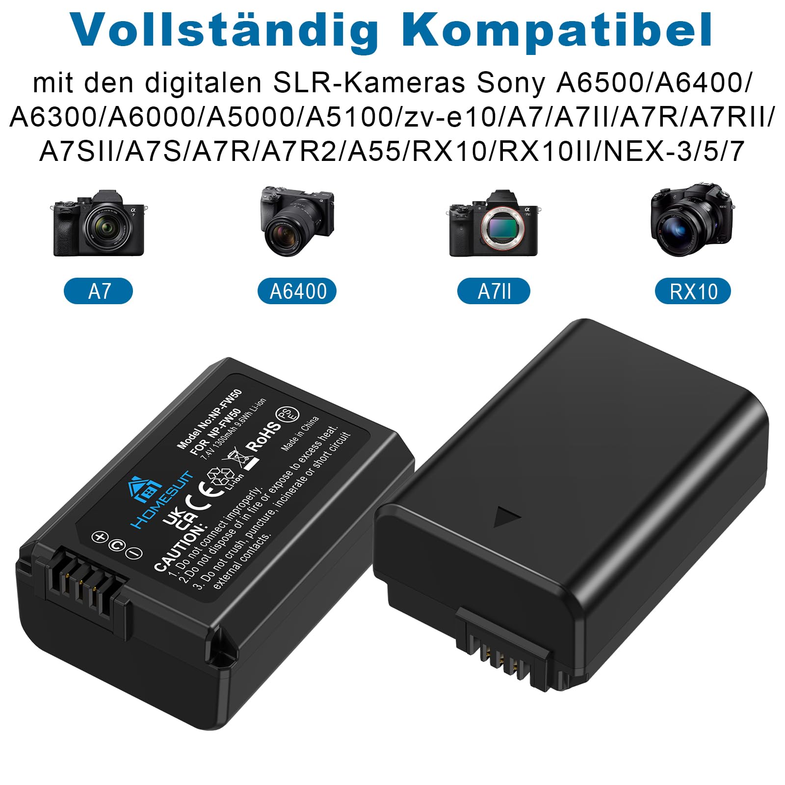 llano NP-FW50 2er-Pack 1100 mAh Akku 18 W Schnellladegerät für Sony Alpha A6400, A6000, A6300, A5100, ZV-E10, A7S, A7, A7Sii, A7S, A7R, A7ii, Smart Digital Display, magnetische Schnappabdeckung