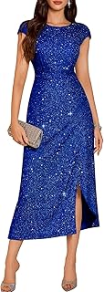 DRESSTELLS Women's Sparkly Formal Wedding Guest Dresses, Sequin Cocktail Party Evening Prom Slit Maxi Dress