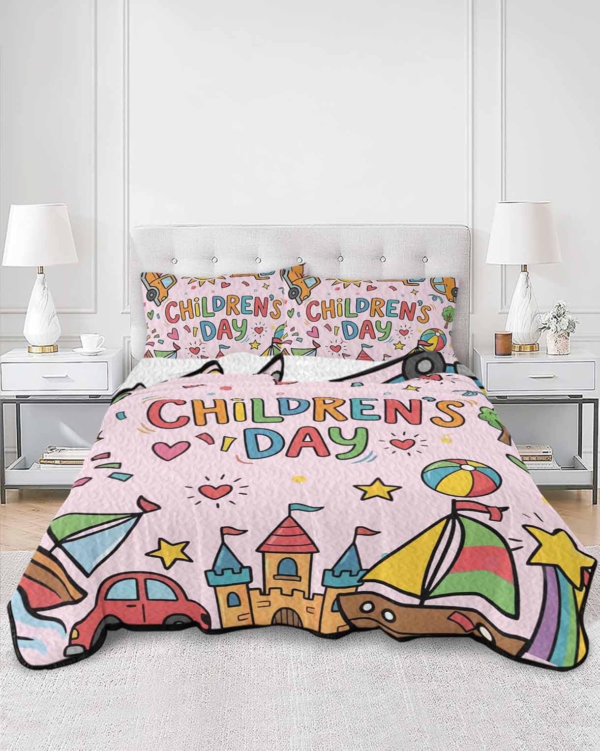 Full Size Quilt Bedding Set, Pink Children's Day Lightweight Summer Quilt 3 Pieces Bedding Sets, Car Tree Stars Modern Abstract Art Cartoon Reversible Soft Bedspreads Coverlets with 2 Pillow Shams