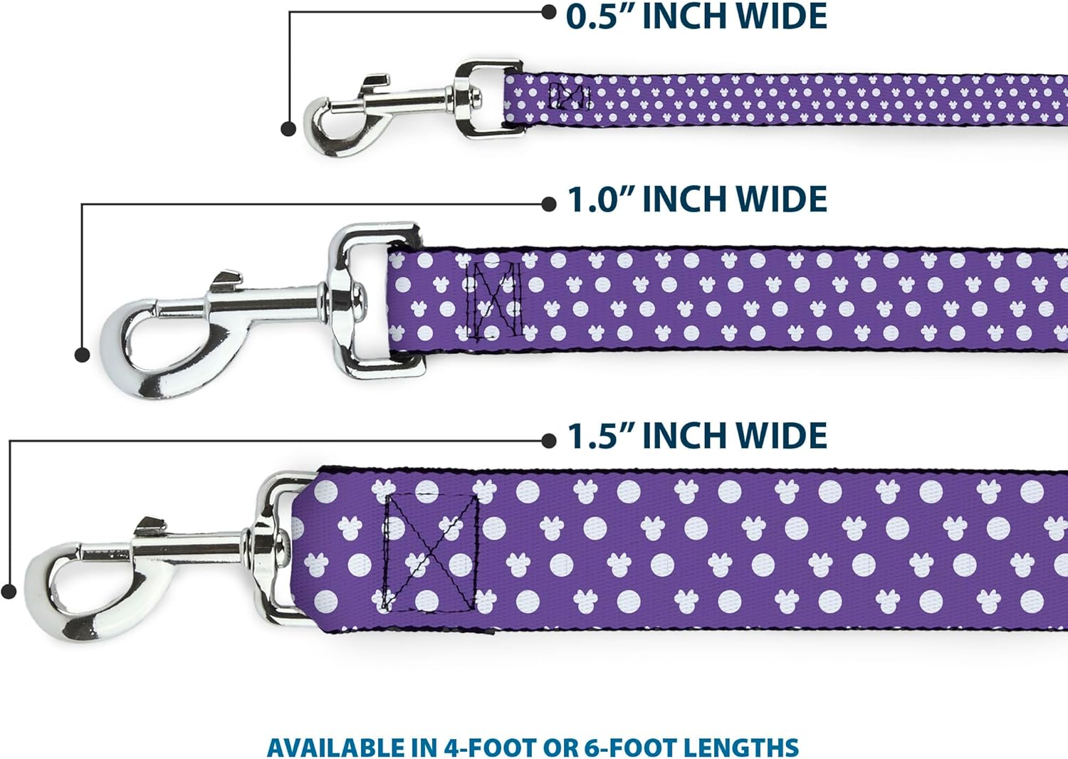 Dog Leash Minnie Mouse Bow Ears Monogram Dots Purple White 4 Feet Long 1.5 Inch Wide