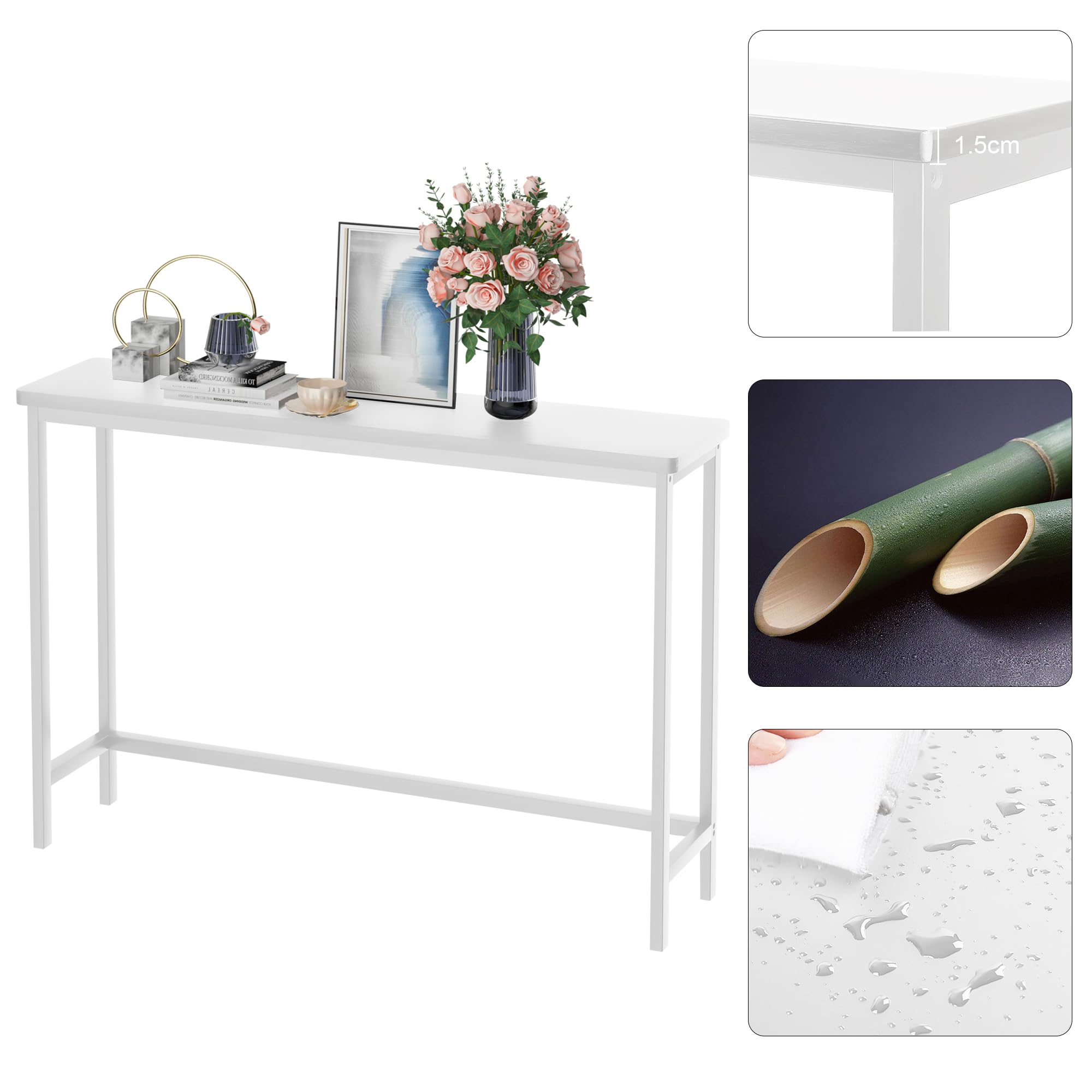 VASMIA Stolik konsolowy, Stolik do przedpokoju, Wąski stolik pod sofę, 39″ Bambusowy stolik na korytarz do przedpokoju, salonu, sypialni, Holu, Biały