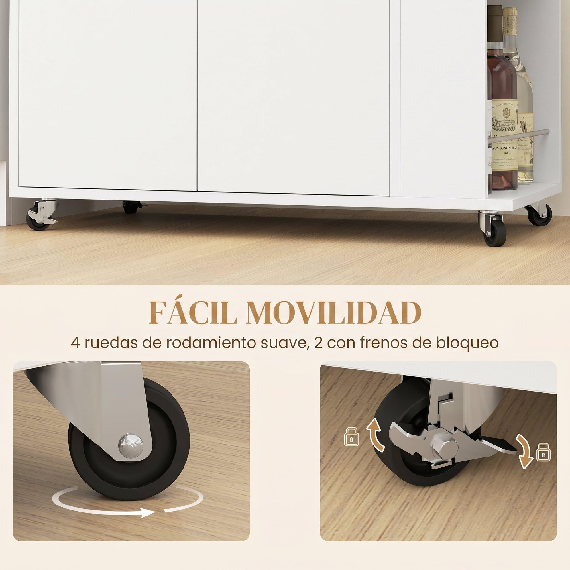 HOMCOM Carrito Auxiliar con Ruedas, Carrito de Cocina con 2 Puertas, Estante Ajustable, Especieros, para Comedor, 75x40x80,5 cm, Blanco
