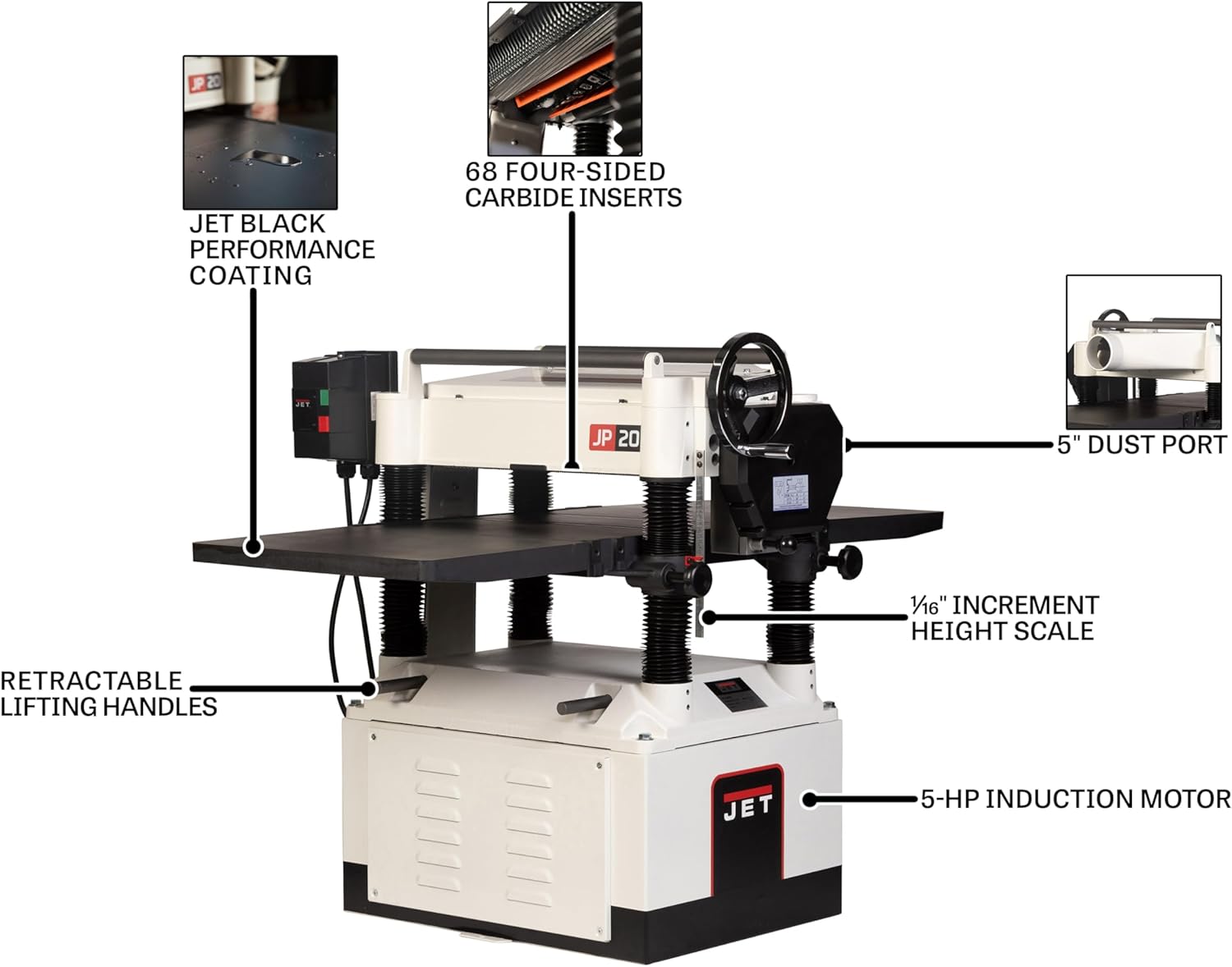 JET Black 20-Inch Thickness Planer for Woodworking, Helical Style Cutterhead with 2-Speed (24 FPM / 31 FPM) Feed Rate, 5 HP, 230V 1Ph (JPW-208HH-BLK)