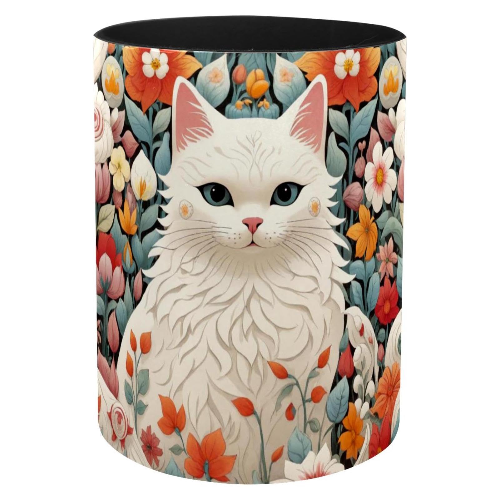 Fournitures de bureau chat blanc et fleurs, cadeau idéal pot crayons