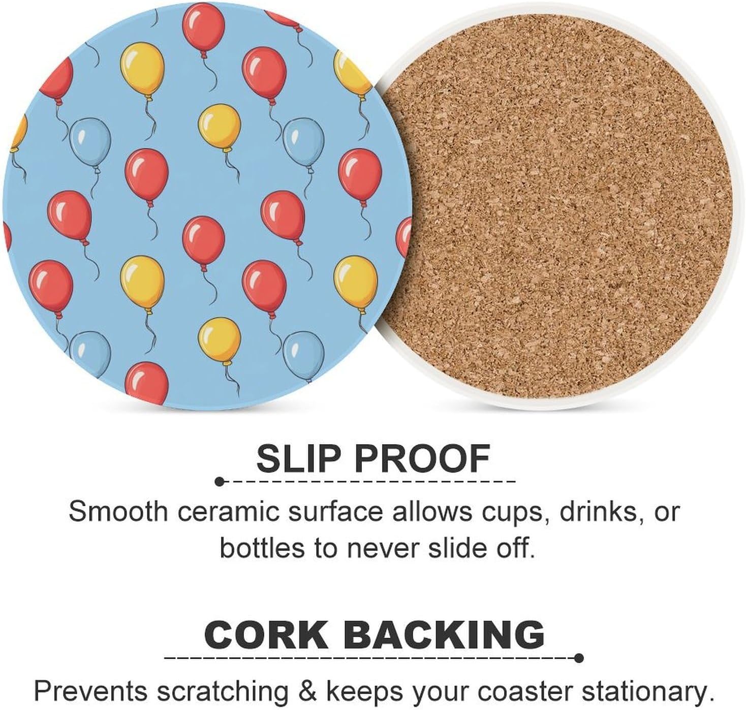 Colorful Balloons Round Ceramic Coasters Print Drinks Absorbent with Cork Base for Home Decor Gifts 4 Inch