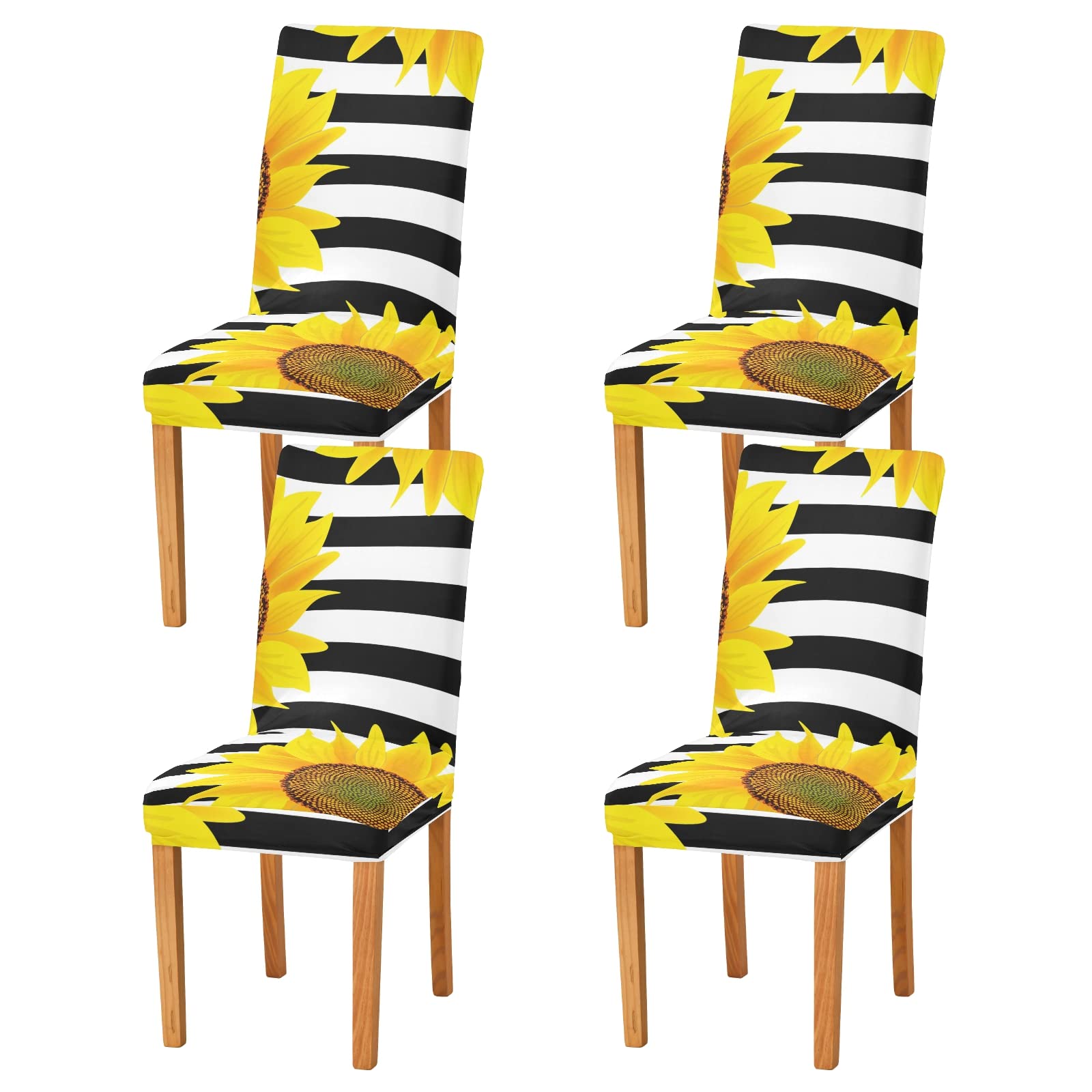 susiyo 2PCS Chair Covers, Sunflowers on A Striped Black and White Dining Room Chair Protector Slipcovers Stretch Removable Washable for Kitchen Hotel Office Banquet Wedding Party