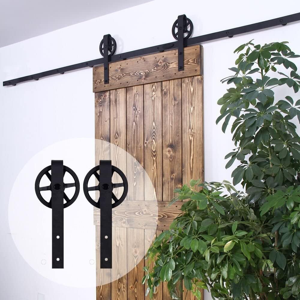 CCJH 7.5FT/224cm Rail Porte Coulissante Quincaillerie Kit Avec Guide au Sol Réglable - Industriel Big Spoke Wheel Forme J -Pour porte simple