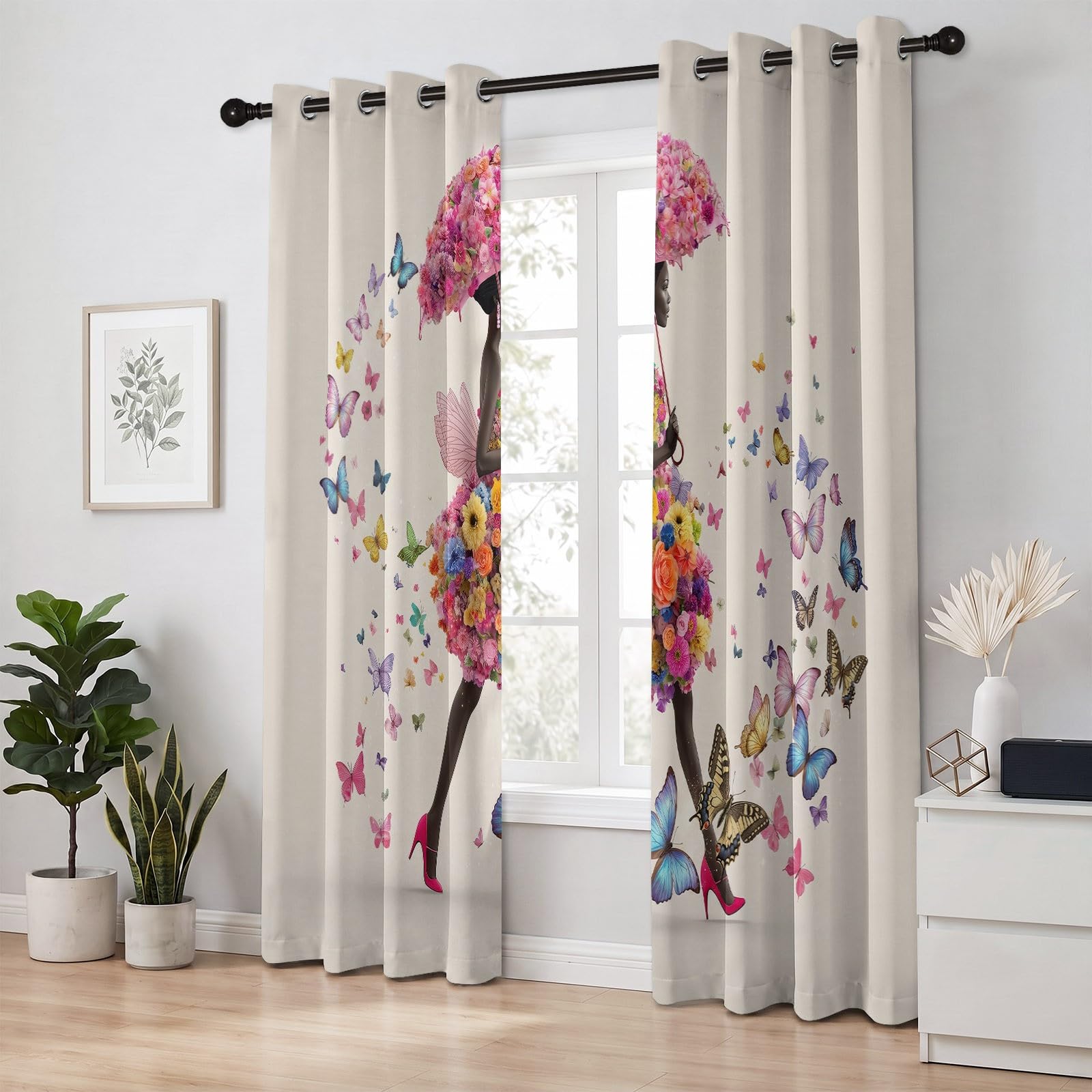 Piękna czarna kobieta motyl kwiatowe zasłony oczka, szer. 140 cm x dł. 260