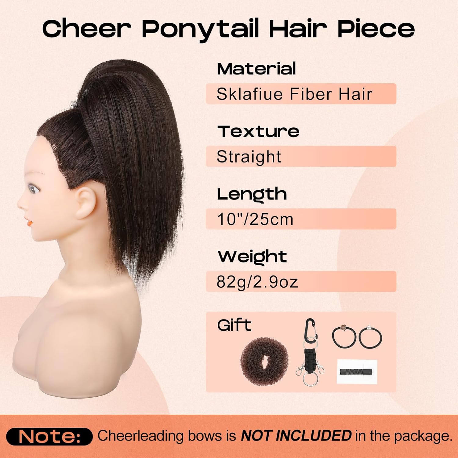 SEIKEA Cheer Ponytail Hair Piece, 10" Straight Tangle-Resistant Smooth Natural Brown Cheerleader Hairpiece Ponytail Extension for Cheer Competition, Dance, Performance, Dark Brown