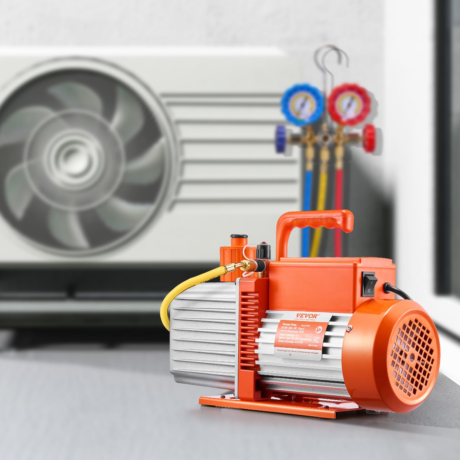 VEVOR Vakuumpumpe, 9 CFM, HVAC 2-stufige Drehschieber-Vakuumpumpe, für R134a R22 R410a-Systeme, Auto-AC-Vakuumpumpen-Kit mit Ölflasche, für die Harzentgasung zur Wartung von Autoklimaanlagen