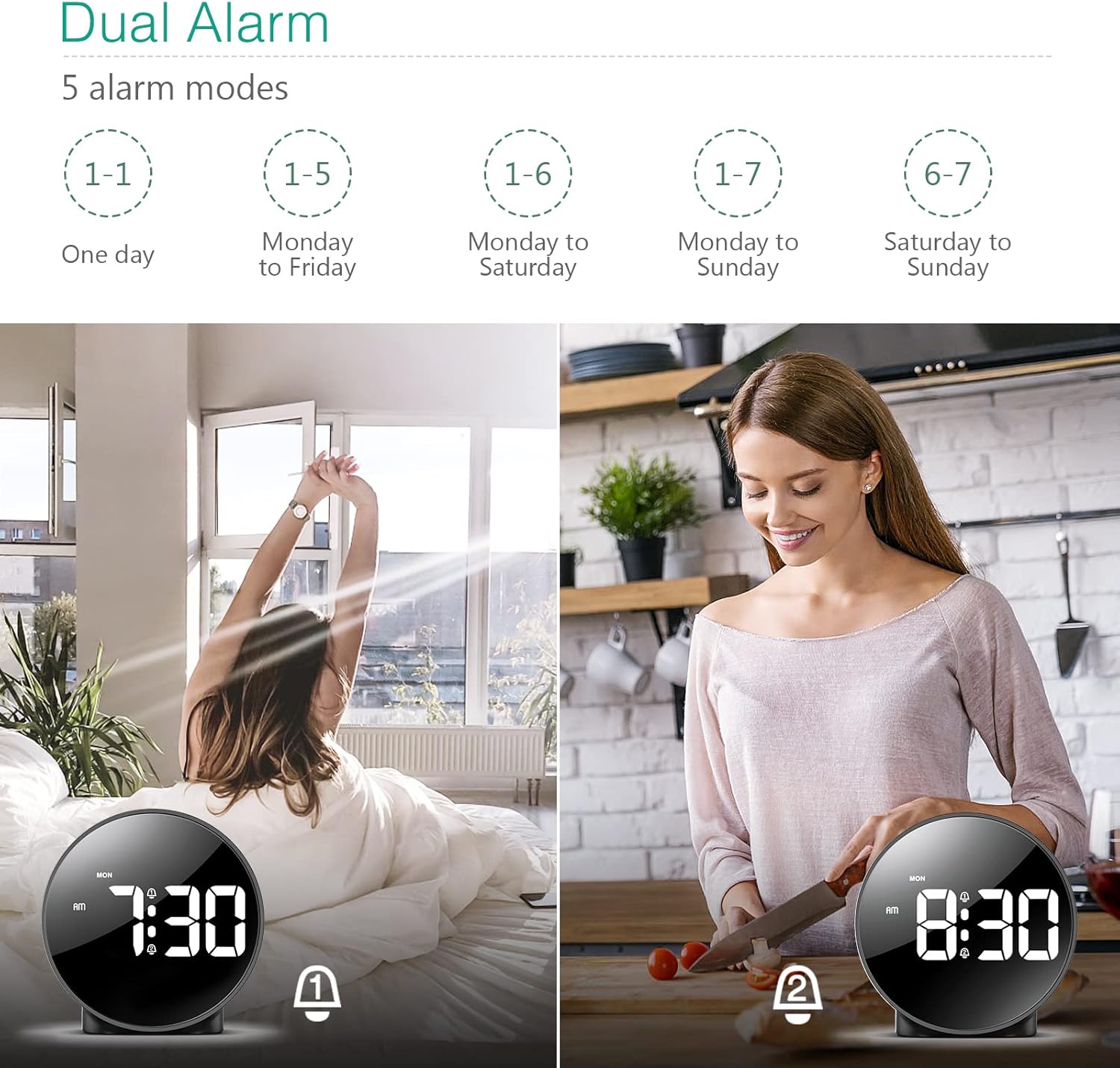 ORIA Digital Alarm Clock showing dual alarms and 5 alarm modes