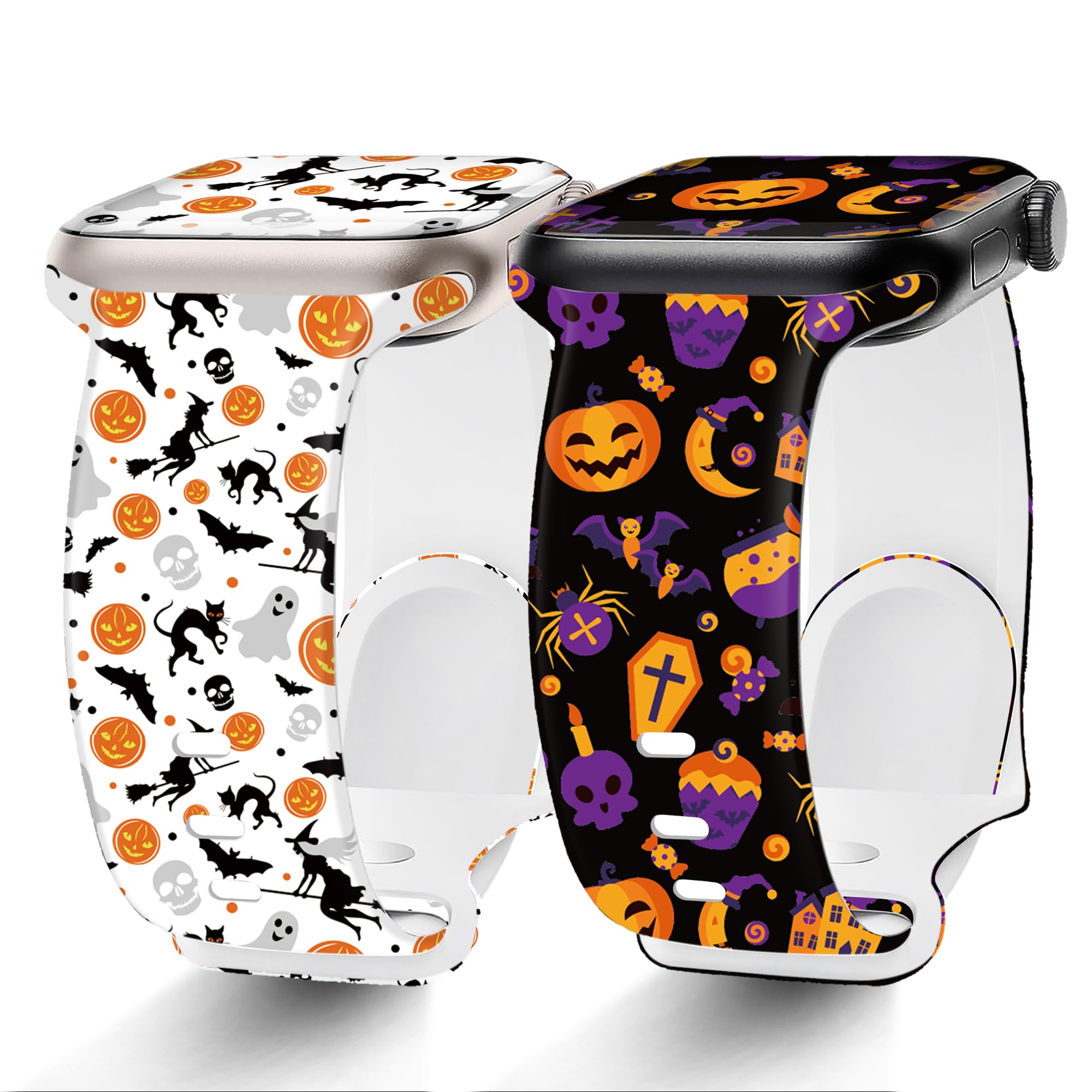 G-ficuG-ficu 2 Pack Christmas Halloween Bands Compatible with Apple Watch Band 45 44mm 49mm 42mm iWatch SE Series 9 8 7 6 5 4 3 2 1 Ultra 2 /1 Band for Women Men, Soft Silicone Holiday Pumpkin Ghost Sport