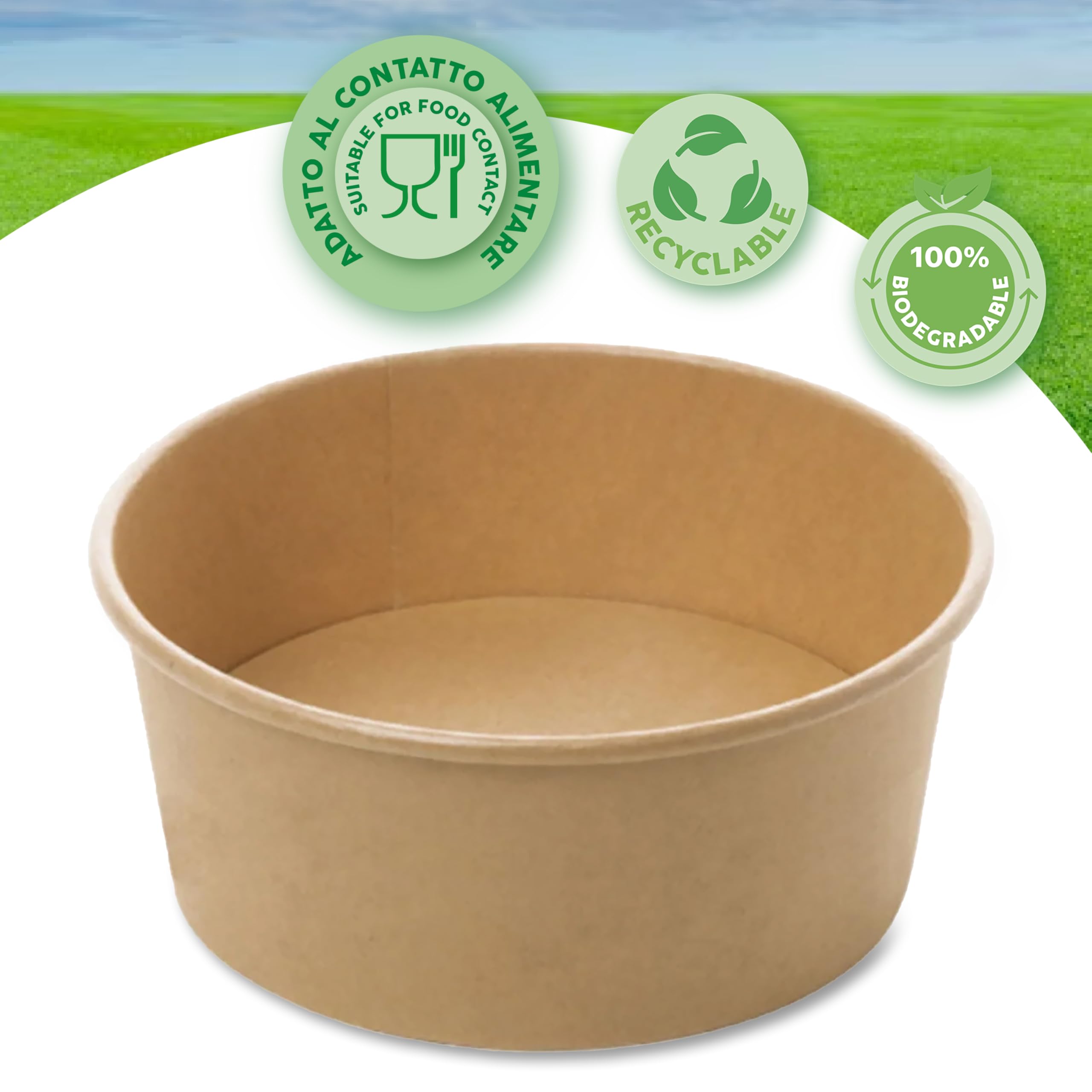 Ciotole di Carta 1000 ml con Coperchio Compostabili Biodegradabili Monouso diam. 14,8 cm