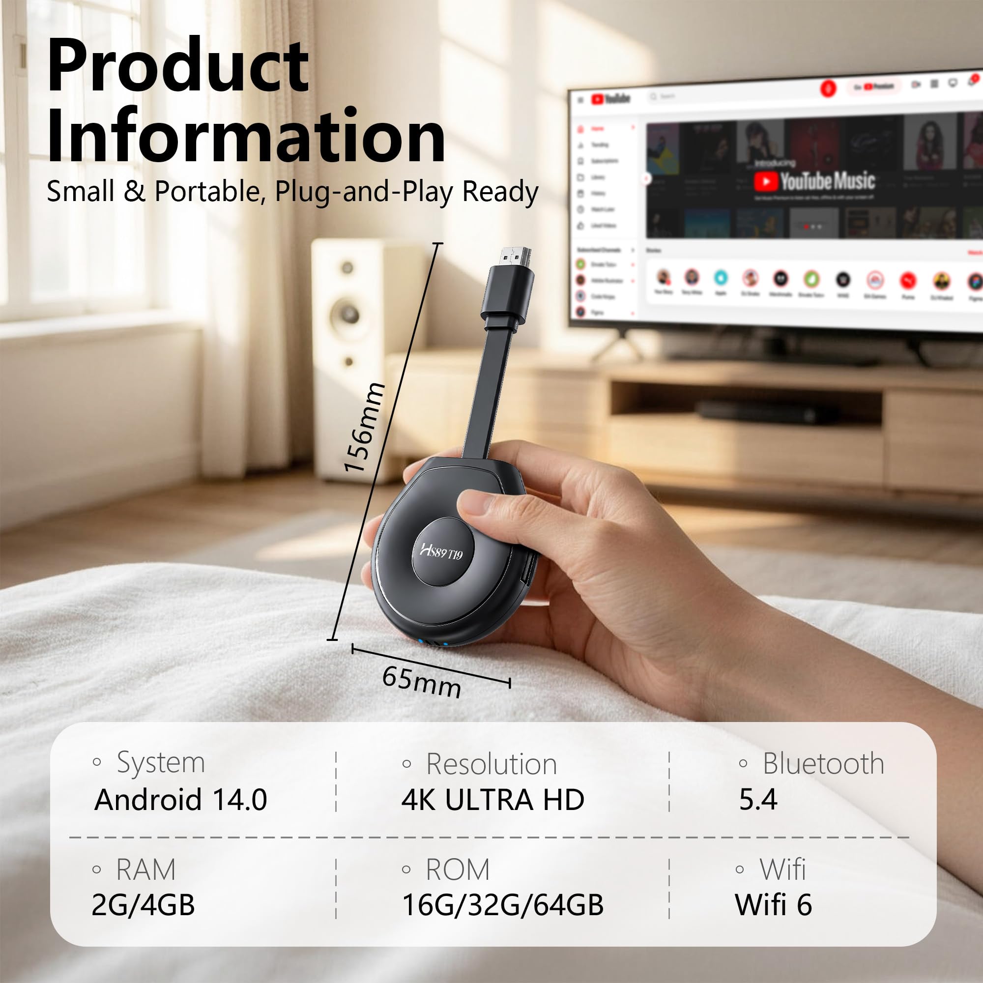 Android 14 TV Stick, RK3539 Quad Core 4GB RAM 32GB ROM, 4K WiFi 6 USB3.0 | 64bit Cortex-A53 Chipset, Smart TV Stick Support 2.4G /5G Dual-band Wi-Fi BT 5.4, Ethernet 10/100M Streaming Stick TV