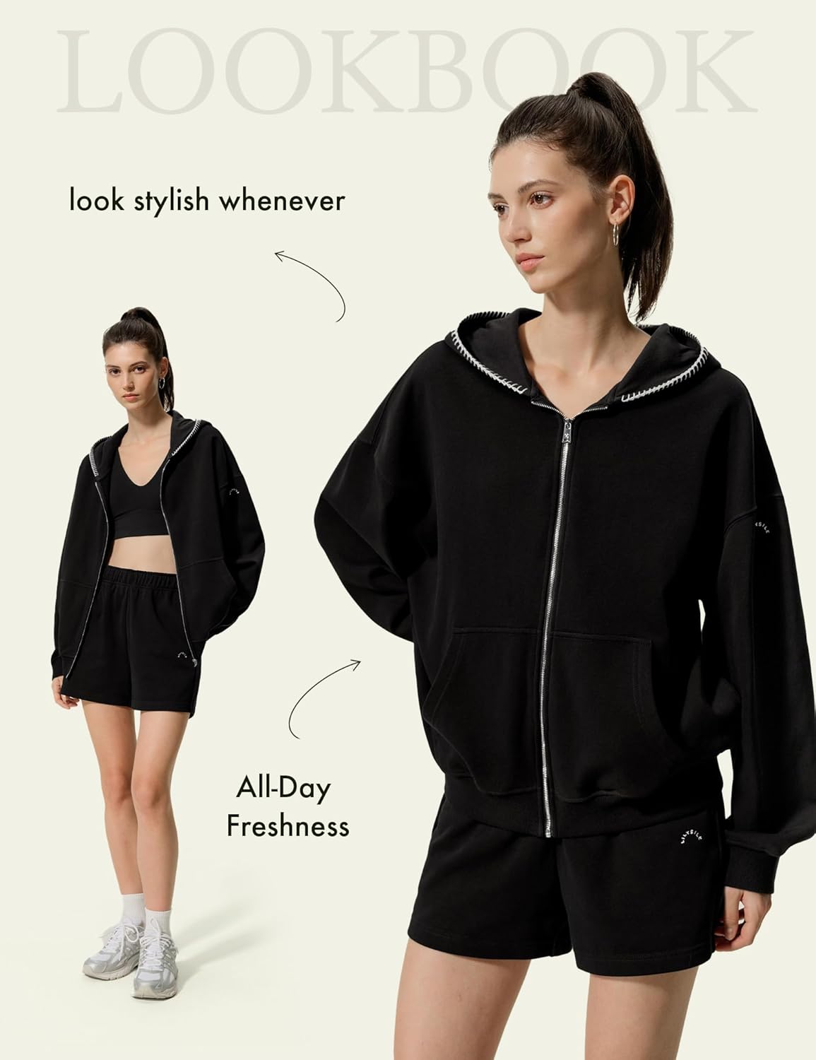 LilySilk Women's Silk Terry Sweatshirt Fleece Zip Up Oversized Hoodie with Blanket Stitch Hooded Jacket for Ladies Sports - Image 3