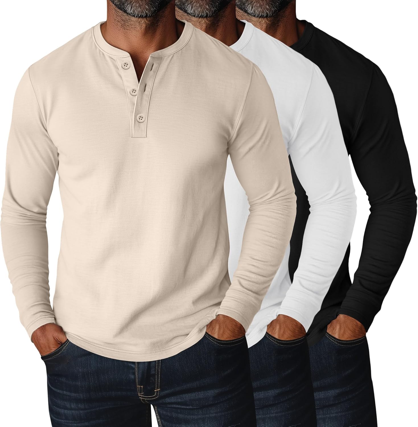Ficerd 3 Pack Men's Big and Tall Henley T-Shirts Long Sleeve Plus Size Cotton Blend Tee Loose Fit Casual Fall Basic Tops