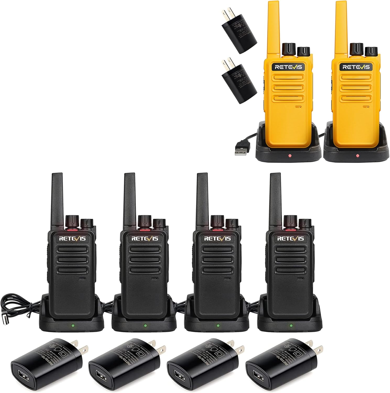 Retevis RT68 Walkie Talkies Rechargeable(Black, 4 Pack) Bundle with RT68 2 Way Radios Long Range Rechargeable, VOX, USB Charging Base, License Free for Camping, Climbing and Road Trips(Orange, 2 Pack)