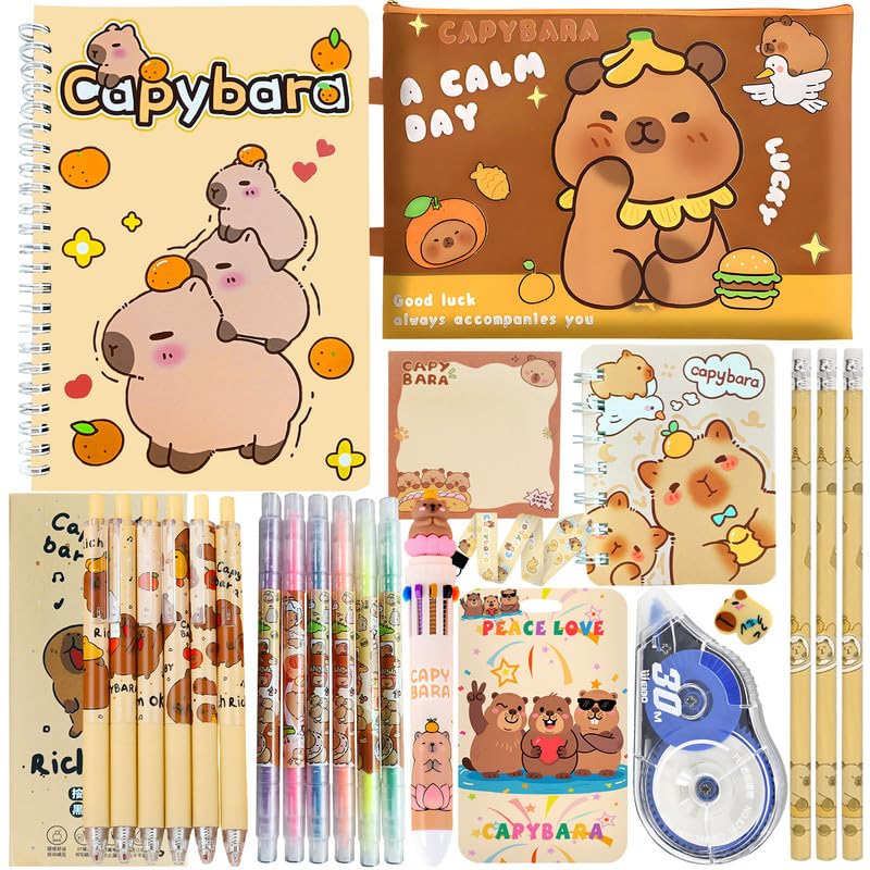 LOVEXIU Set de Papelería Capibara, Papelería Kawaii, Material Escolar y Papelería Gran Capacidad Capibara, Juego de Suministros Escolares, Regalo para Niñas y Escolares