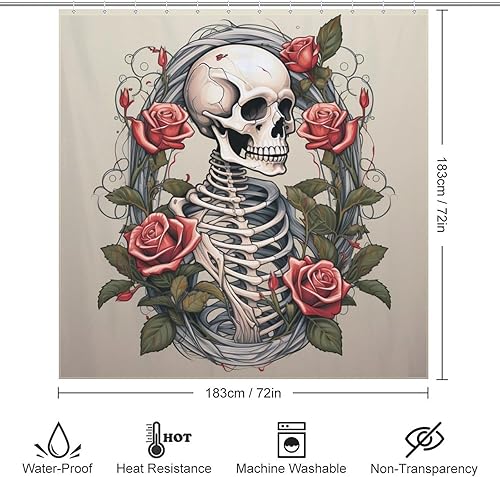 Miniatura 6 de YLATY3445 - Cortina de ducha de calavera para baño, divertido juego de cortina de ducha hippie con flores rojas y esqueleto, pintura al óleo, tela